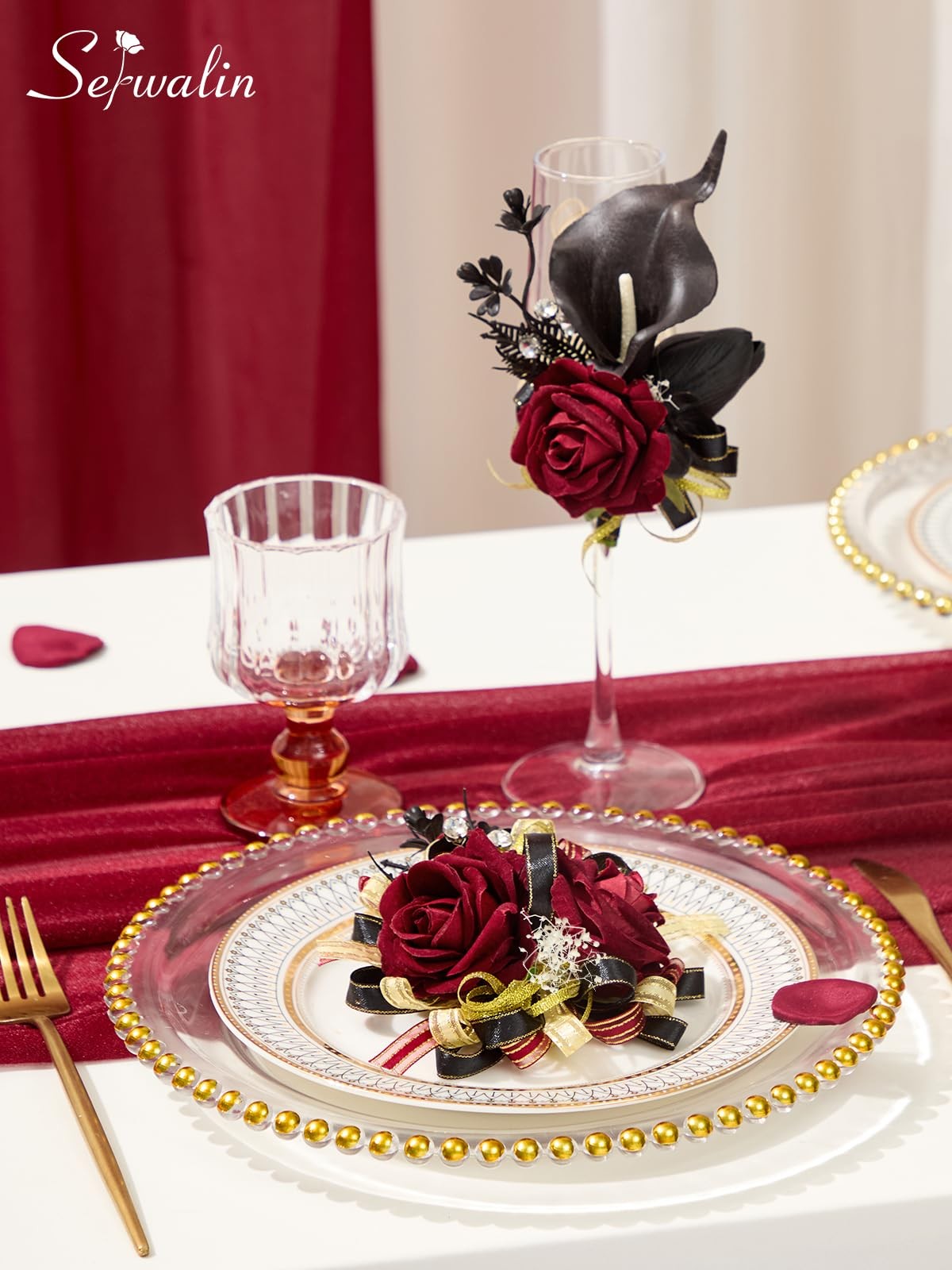 Burgundy Prom Corsage and Boutonniere Set, Artificial Calla Lily Red Rose Wri…