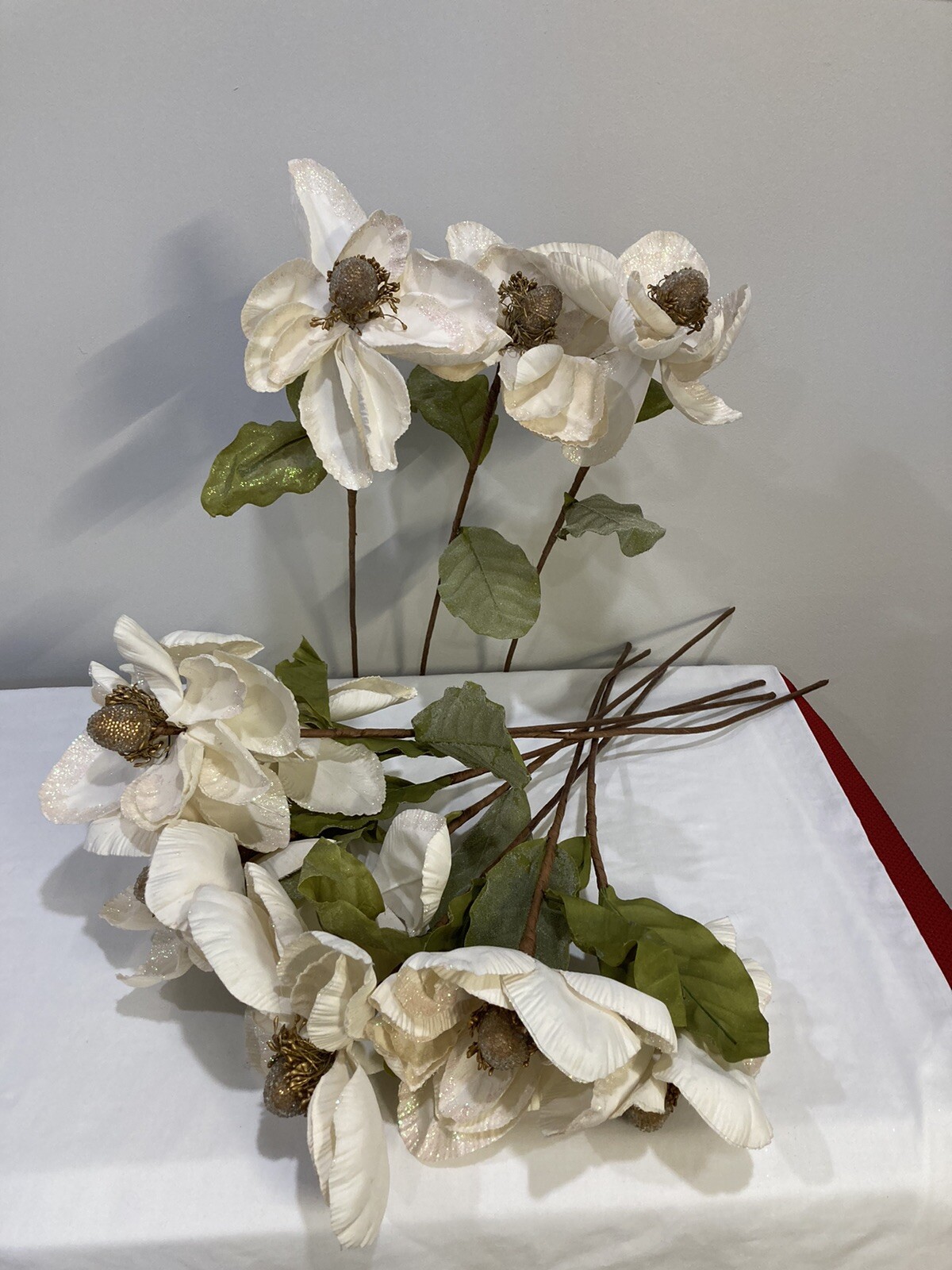 Magnolia Flower Stems 22 inch Long Large Set of 10 Gold Accents