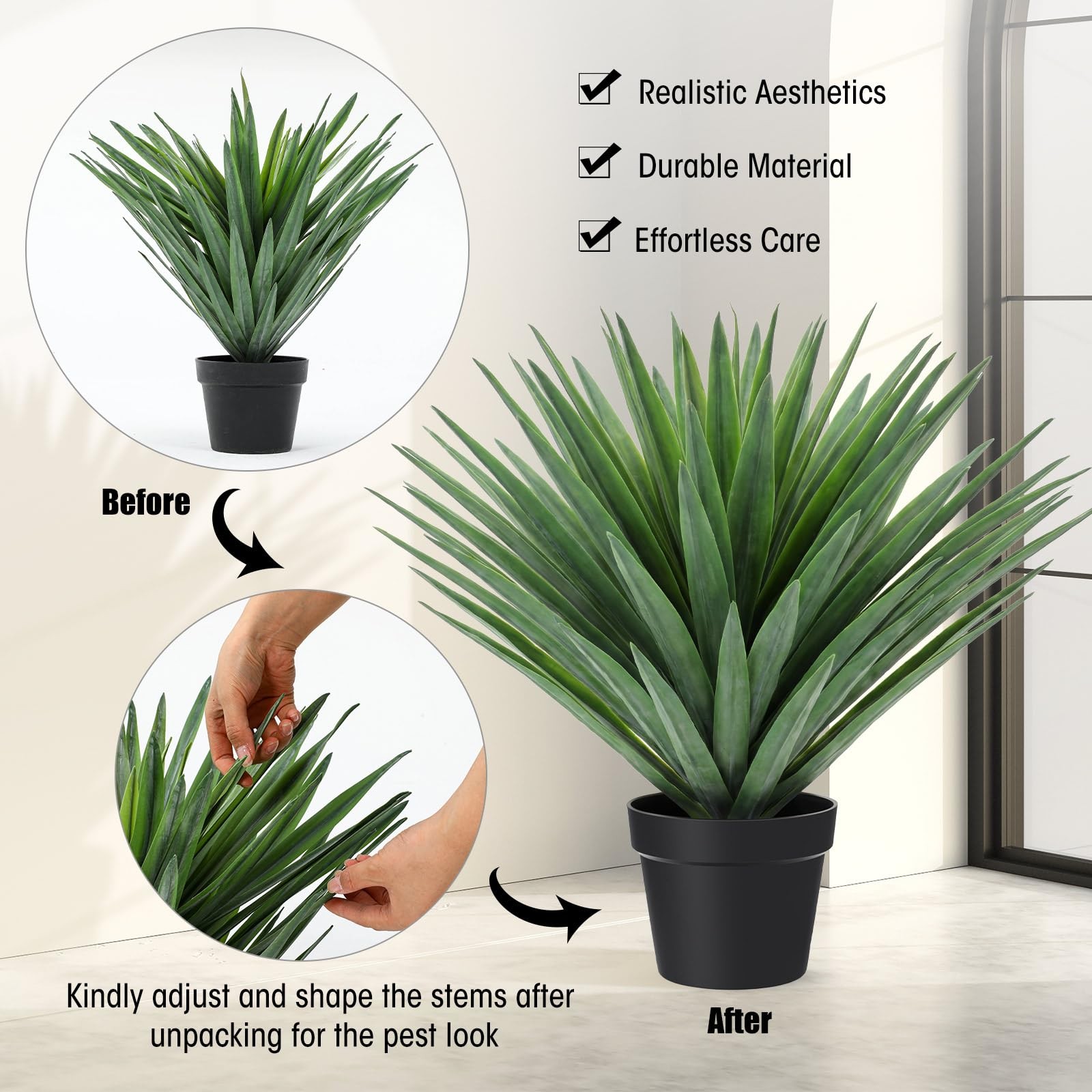 1 Pcs 27” Artificial Agave Plant in Black Pot Faux Agave Plant Potted with 1…