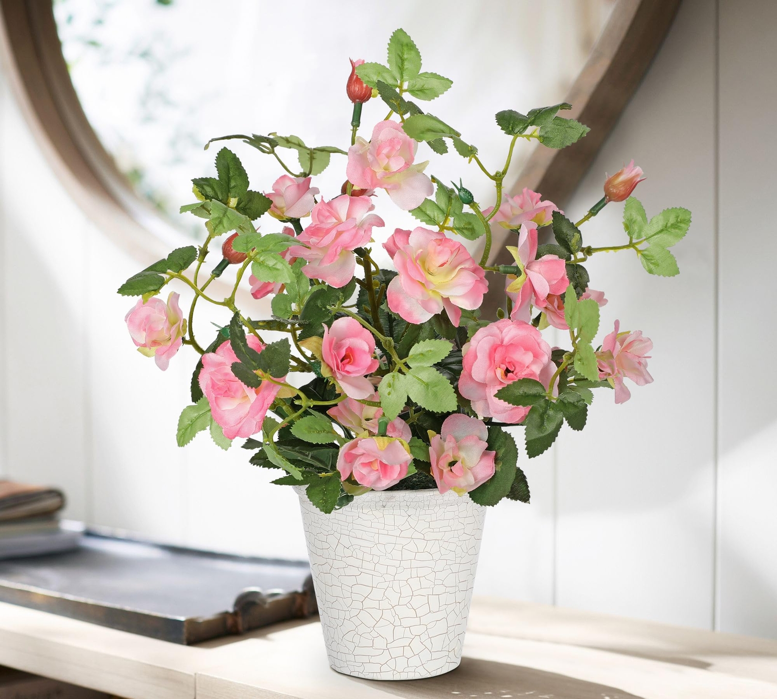 Artificial Plants & Flowers in Vase Pink Roses Small Faux Flower Plant Arrang…