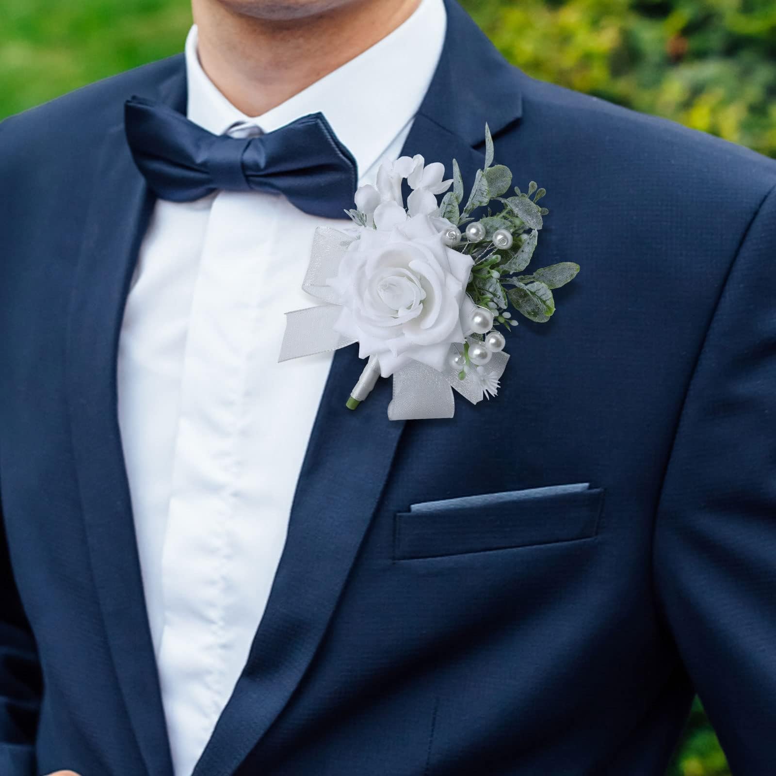 White Rose Boutonniere Men Wedding Groom Groomsmen Artificial Flowers Prom