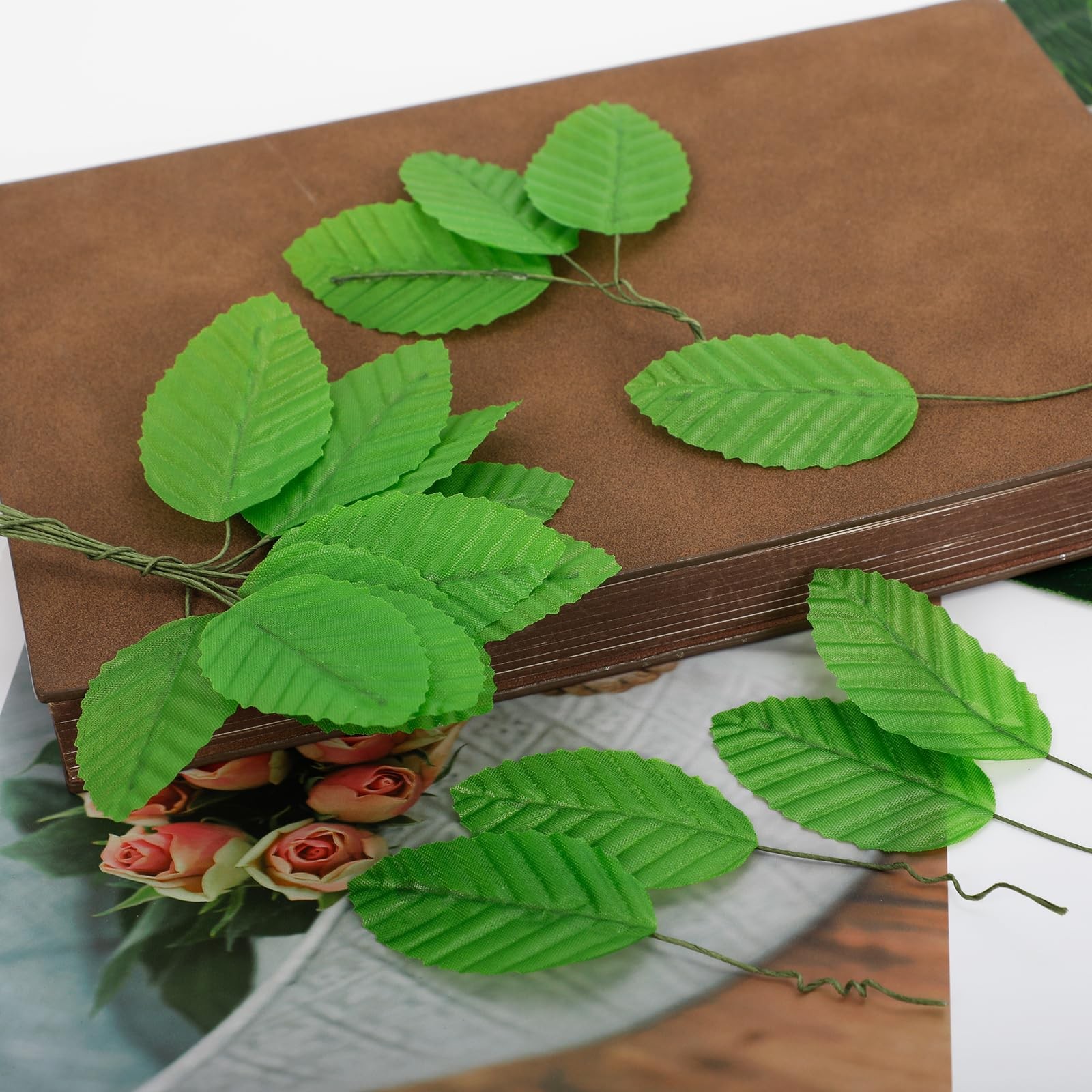 220Pcs Green Faux Wired Leaves – Artificial Silk Leaves for Crafts, DIY Bouqu…