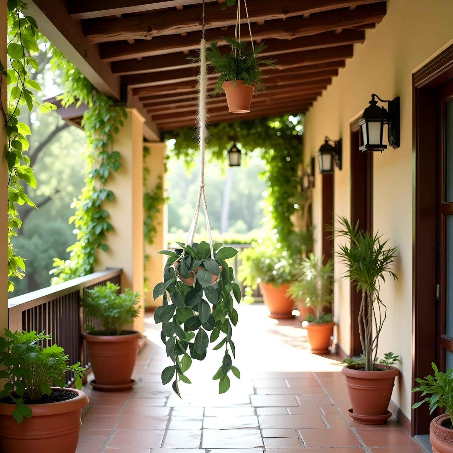 Artificial Hanging Plant in Clay Pot – Dark Green Wall Decor for Home