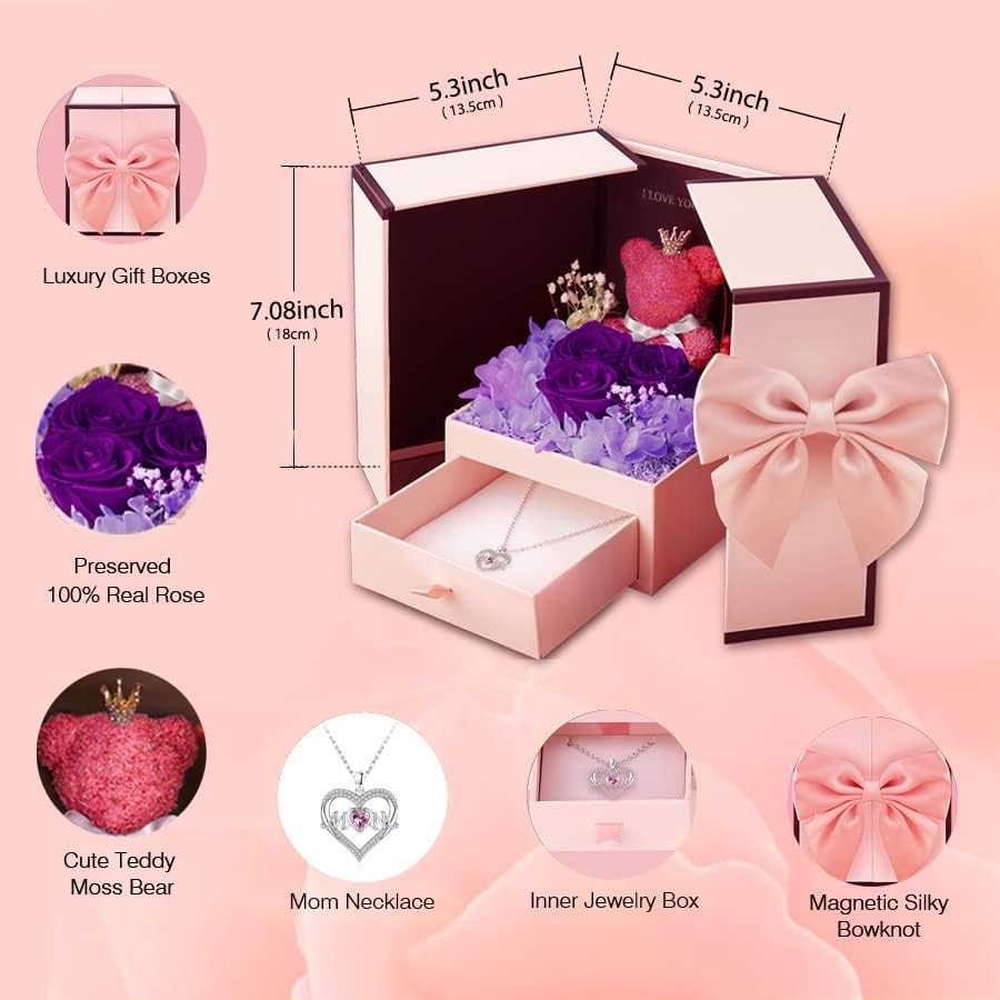NEW I Love You Gifts for Mom Preserved Flowers Rose Bear Heart Necklace
