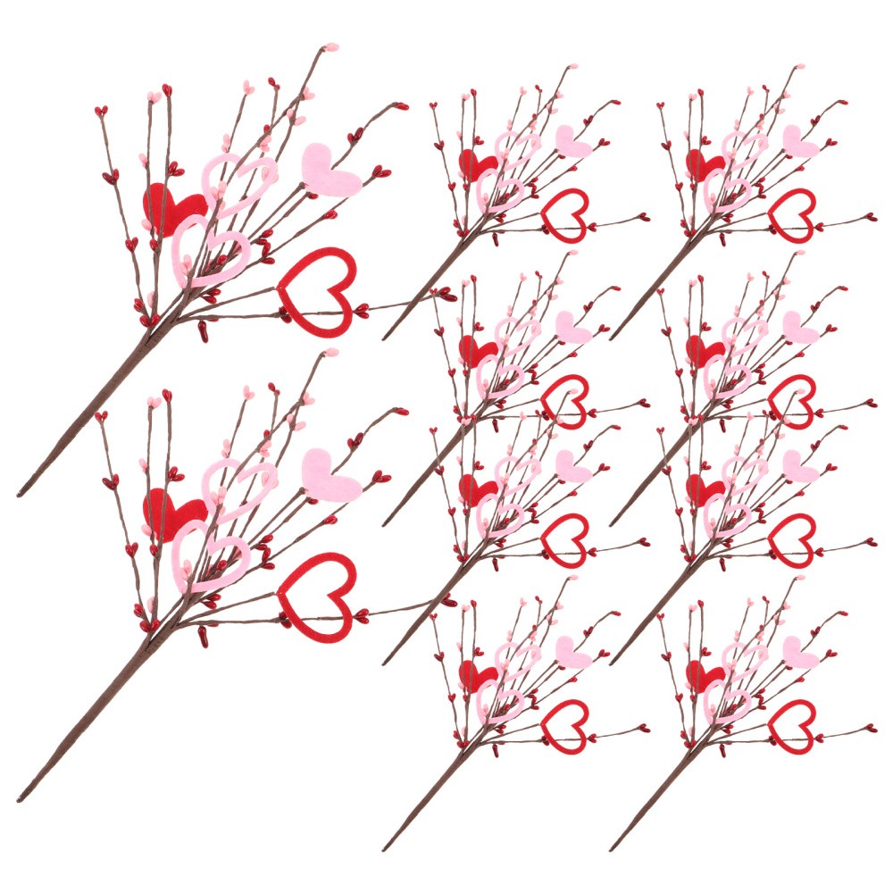 10Pcs Romantic Heart Shaped Artificial Berry Stem Picks for Valentine Decor