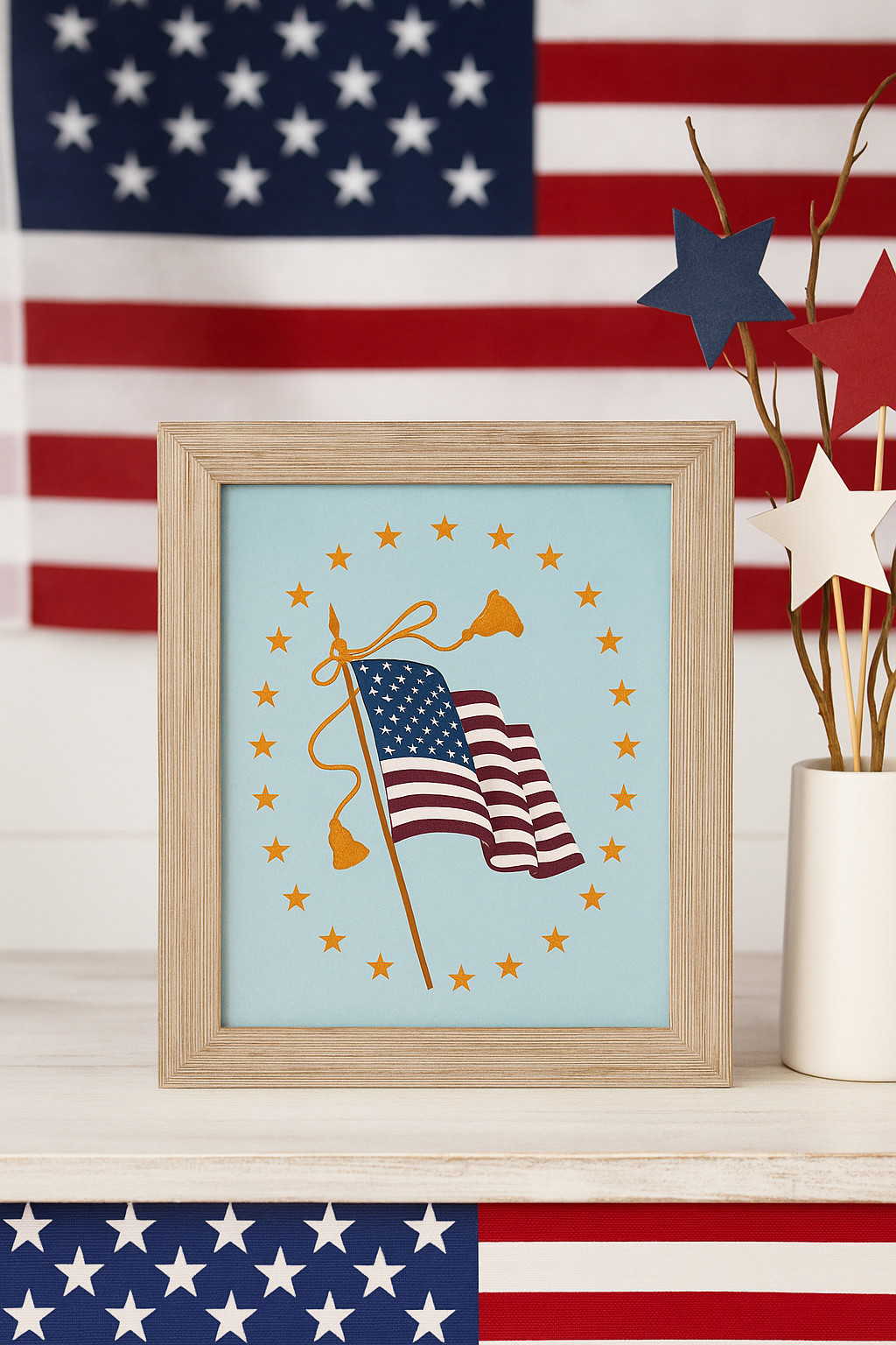 Old Glory Waving America Flag Painted Canvas Picture Frame Wall Decor 12″ x 17″