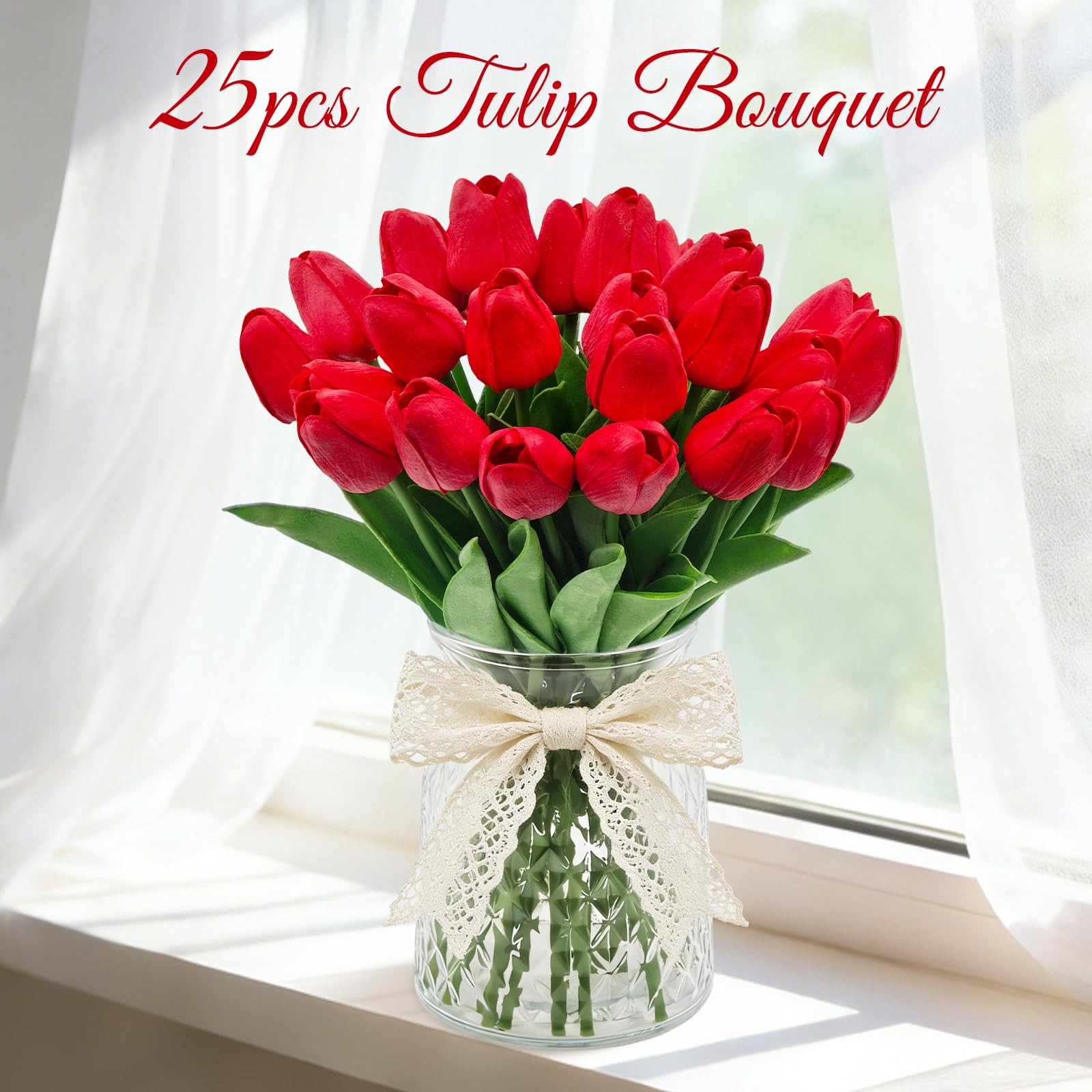 25 PCS Artificial Tulip Flower Faux Real Touch Fake Bouquet Red Wedding Party