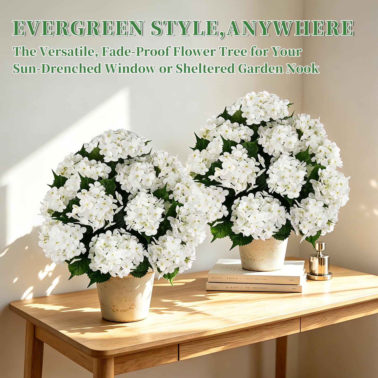 Artificial Topiary Ball Tree with White Hydrangea, Set of 2 UV Resistant Shru…