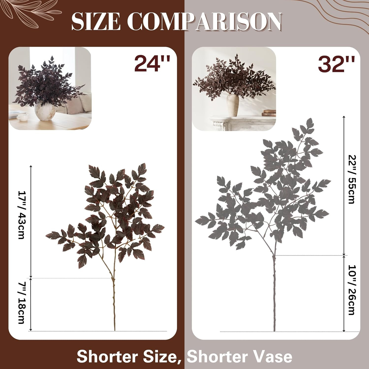 6 Pack Artificial Plum Cimicifuga Leaf Sprays, 24″ Faux Ramosa Branches for Vase