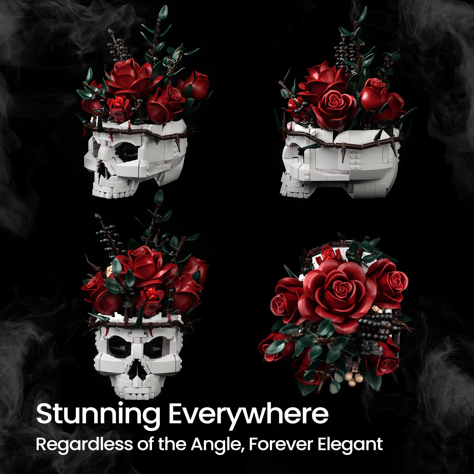 Skull Roses Bouquet Building Set Skeleton Flowers Plant Pot Blocks Horror Gothic