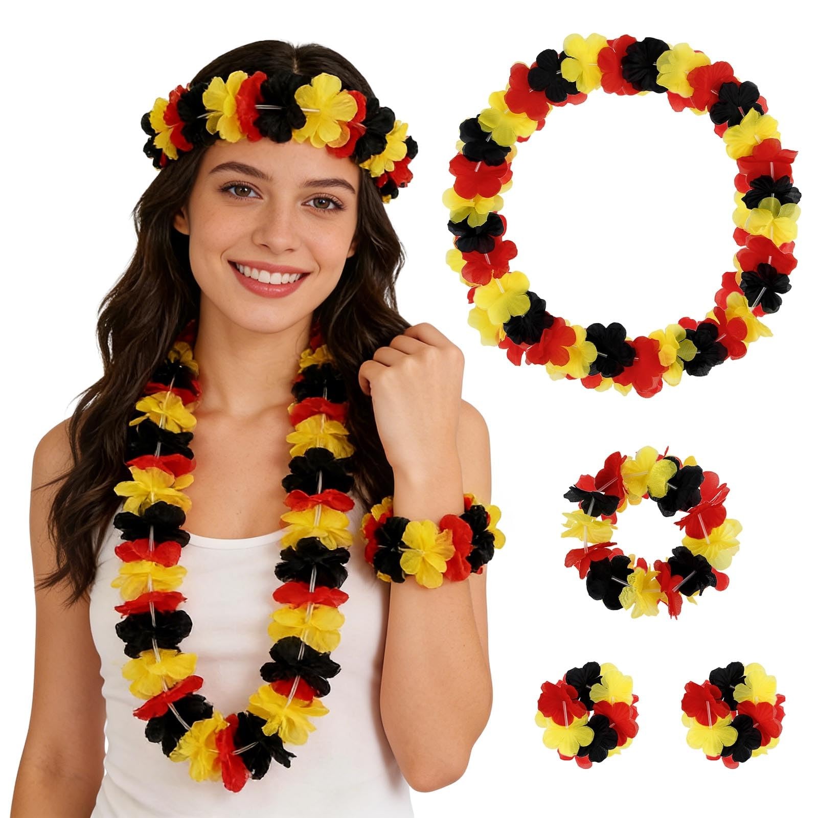 4Pack Flag Flower Leis Patriotic Flower Lei for 4th of July,Red Black and Yel…