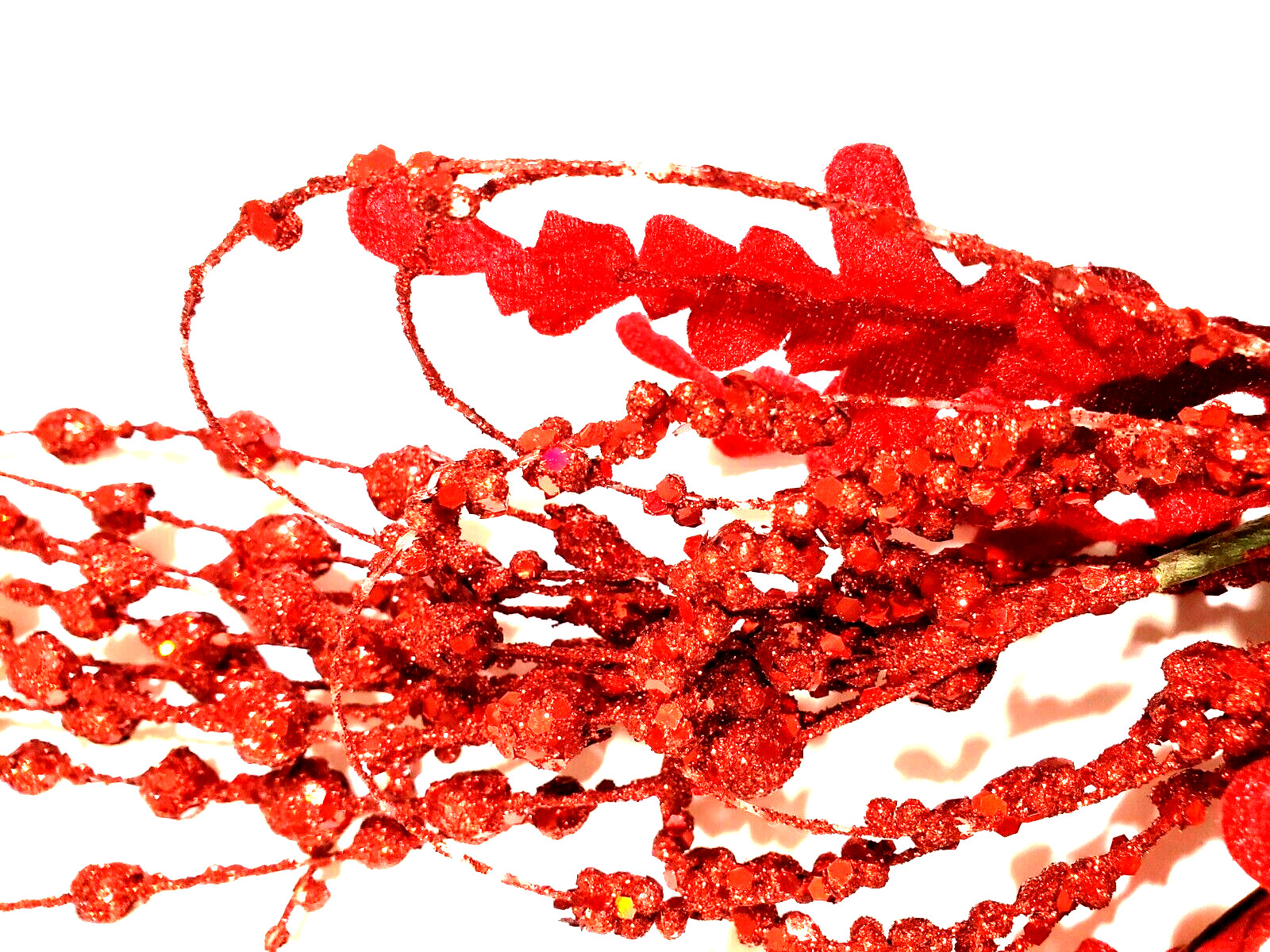 Red Glittered Velvet Leaf & Ball Picks Very Glittery 18″ Tall Set of 7