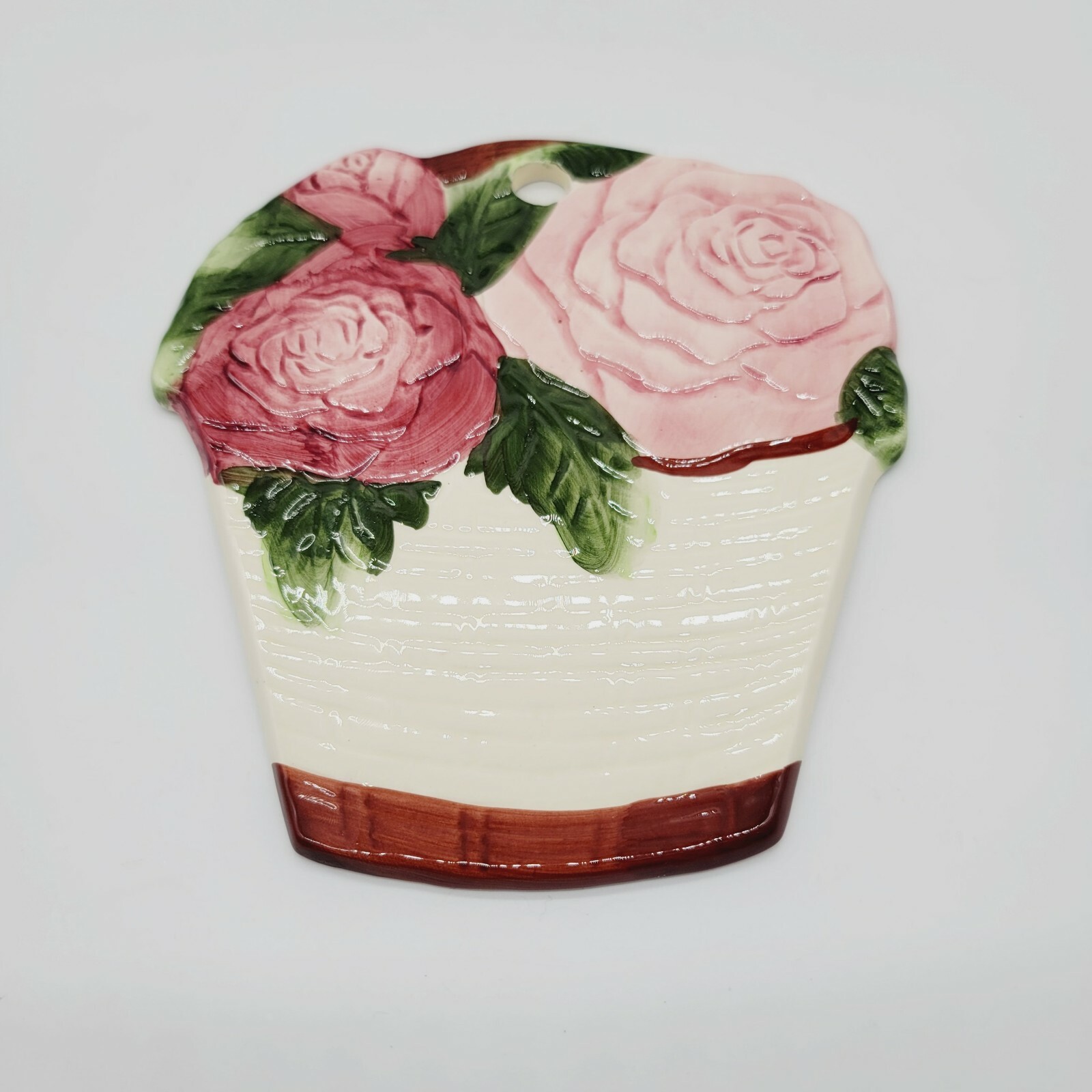 7.5″ X 6.5″ Ceramic Wall Hanging Rose Bucket Pink Maroon