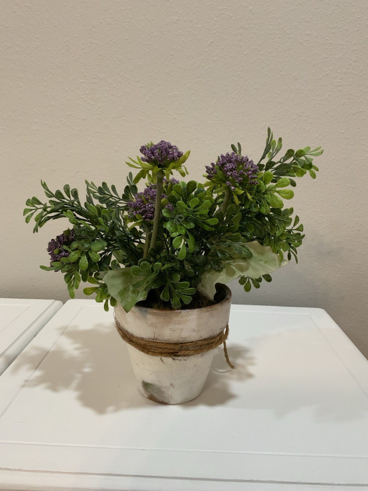 Distressed White Wash Terracotta Pot Paris Purple Flower Arrangement Bow