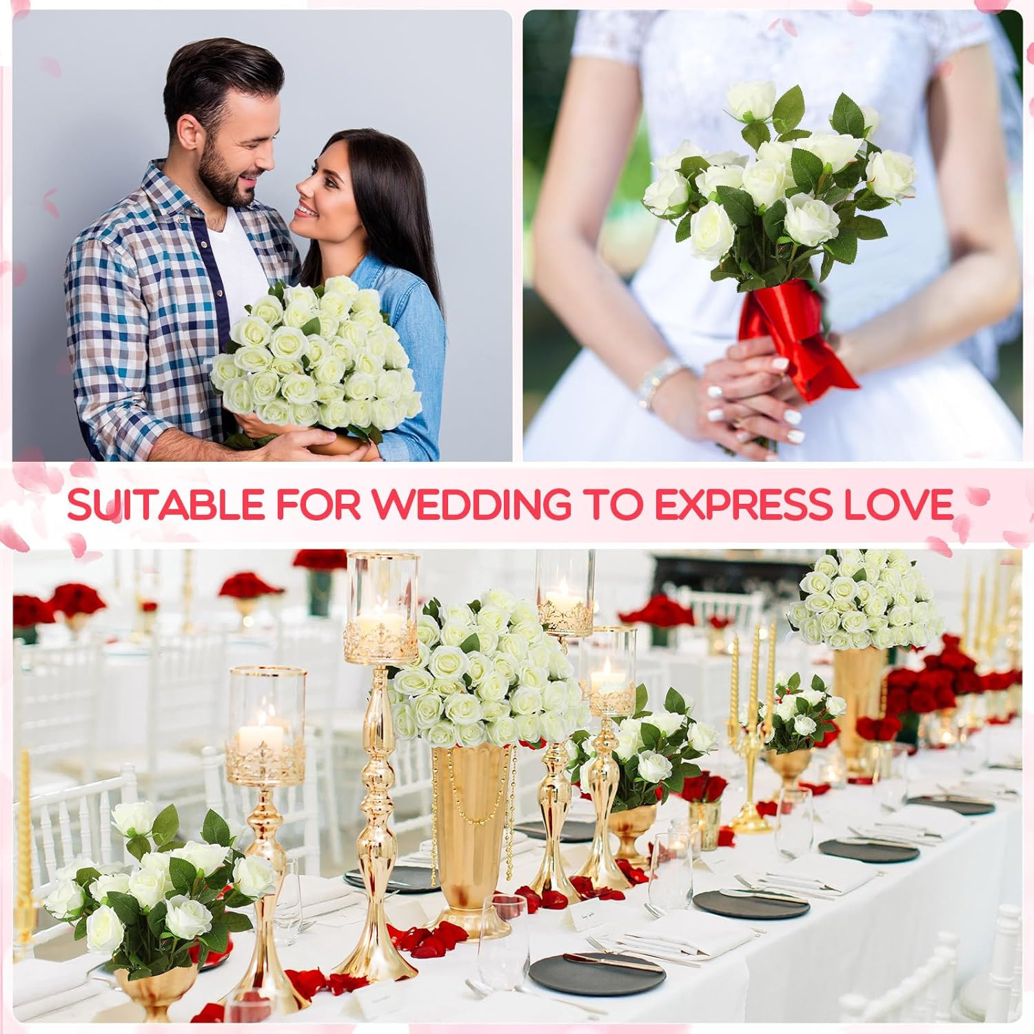 500 Pcs Artificial Silk Roses Flowers with Long Stem Bridal Wedding Bouquet Real