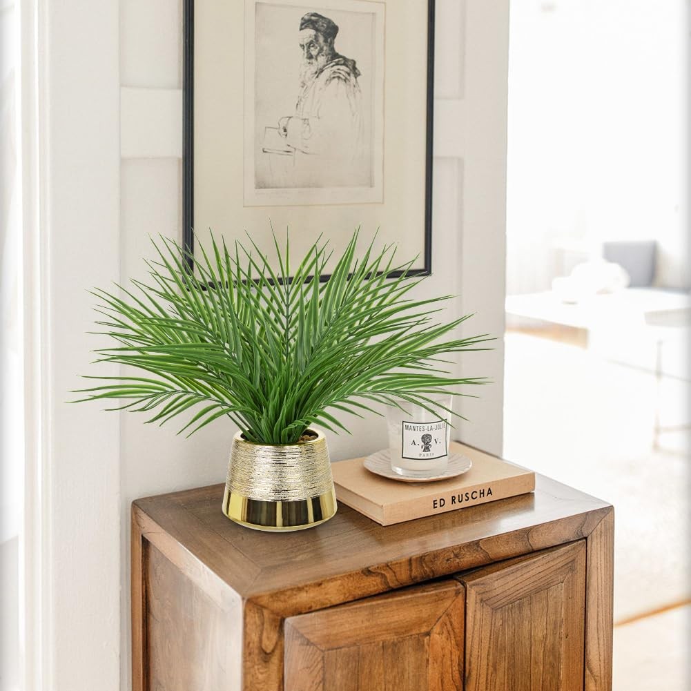 Fake Plants Artificial Palm Leaf Plant in Gold Planter – 15’’ Tall Faux Tropi…