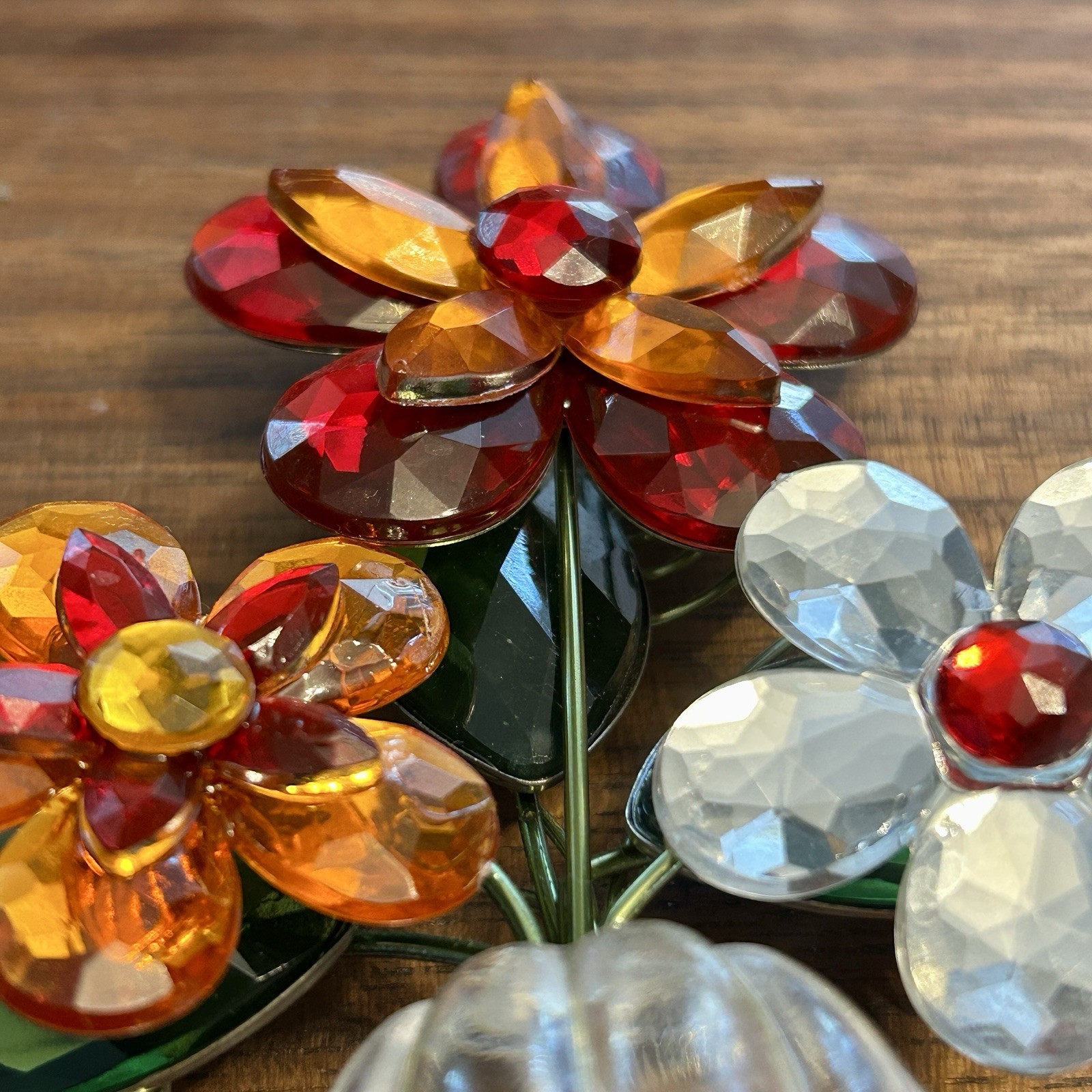 Bouquet Jeweled Gems Flowers Acrylic Plastic Metal 4.25″ Orange Red Green White