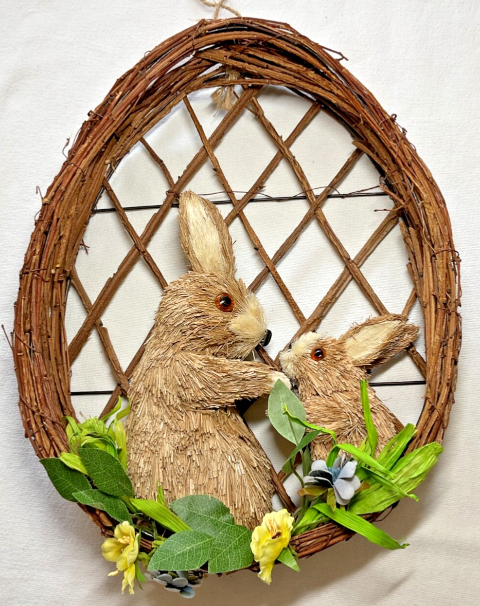 COTTON & CO EASTER BUNNY WREATH EGG SHAPED SPRING FLOWERS 16 INCHES NWT