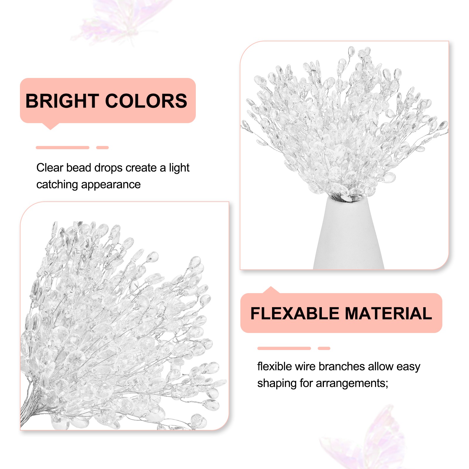 25 Pcs Acrylic Crystal Flower, Floral Picks Acrylic Bead Drops, White
