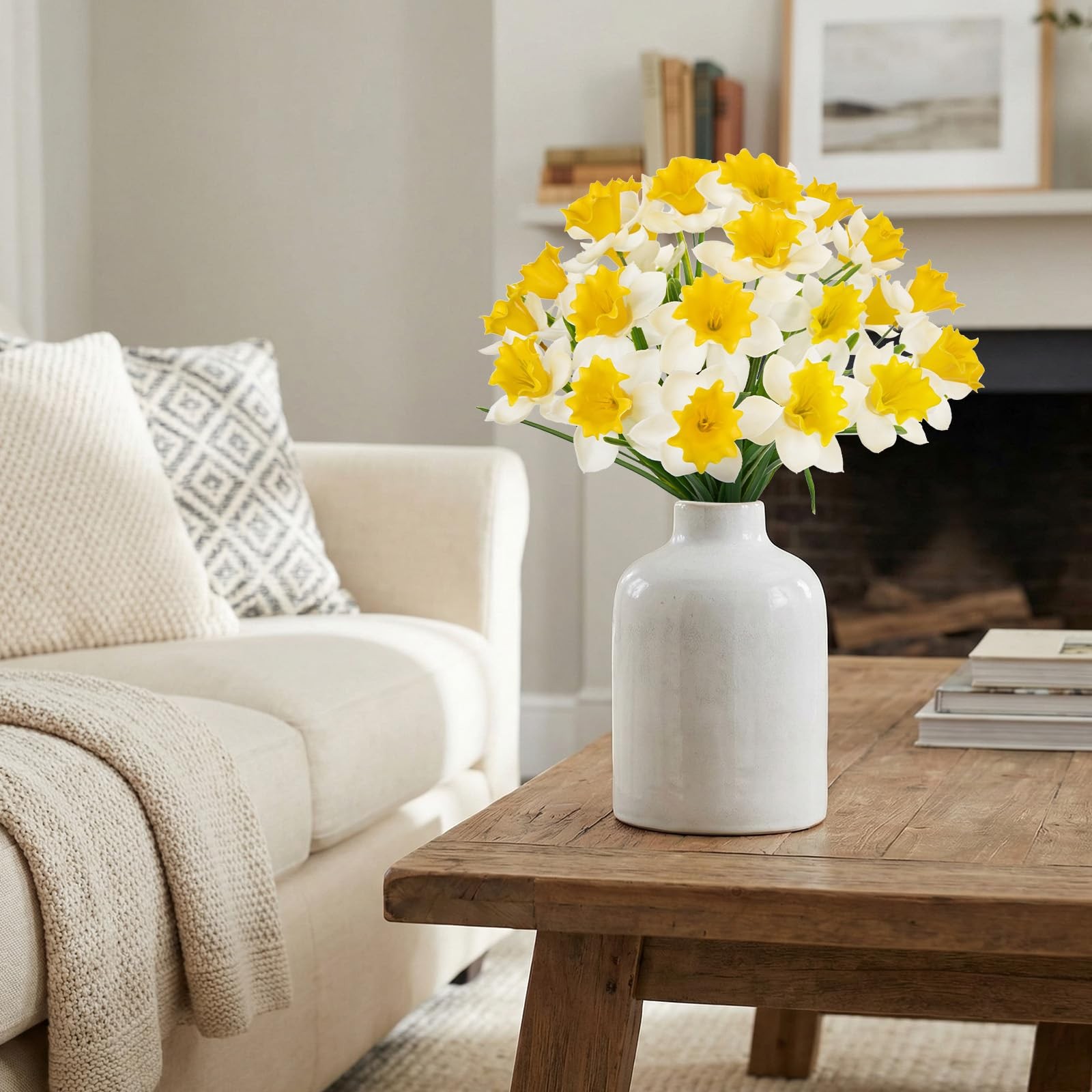 3 Bundles Daffodils Artificial Flowers, 15″ Faux Daffodils with 21 Flower Hea…