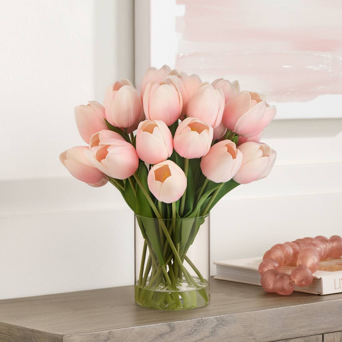 Emmie Pink Tulips 12″ High Faux Flower in Clear Glass Vase