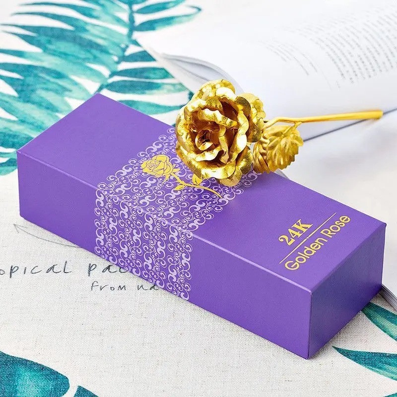 24k Gold Plated Foil Rose Flower Long Stem Dipped New Year Xmas Gift For Her
