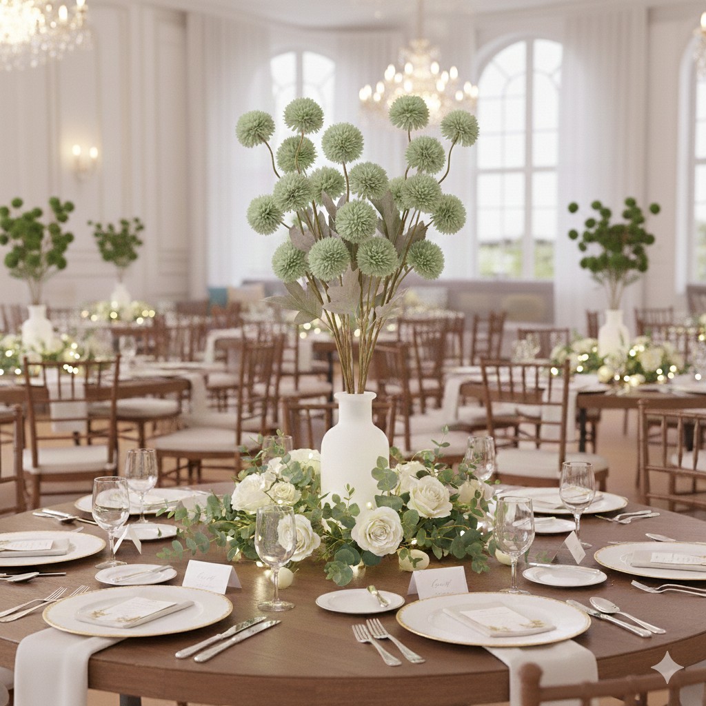 Green Pom Pom Mum Artificial Flowers 9 Stems – Unique Valentine’s Day Gift Decor