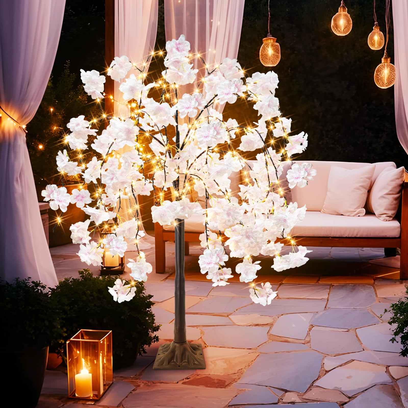 obbsie 4FT Cherry Blossom Tree with 360 LED Fairy Lights Artificial Lighted T…