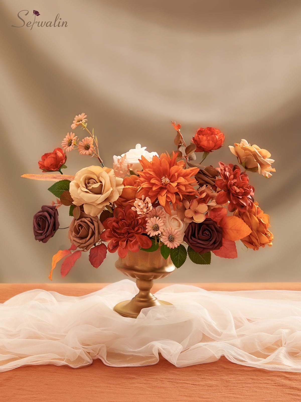Fall Flowers Artificial Burnt Orange Fake Cake Flowers Bridal Bouquet Set