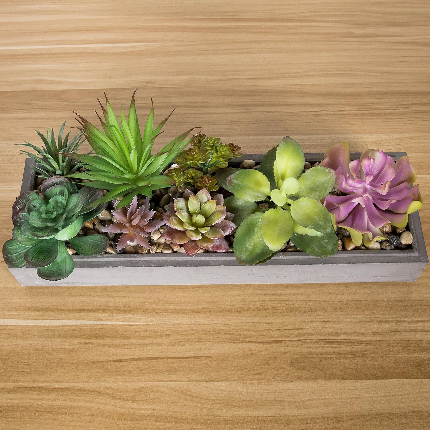 Mixed Color Assorted Artificial Succulent Plant Arrangement in Gray Planter Tray