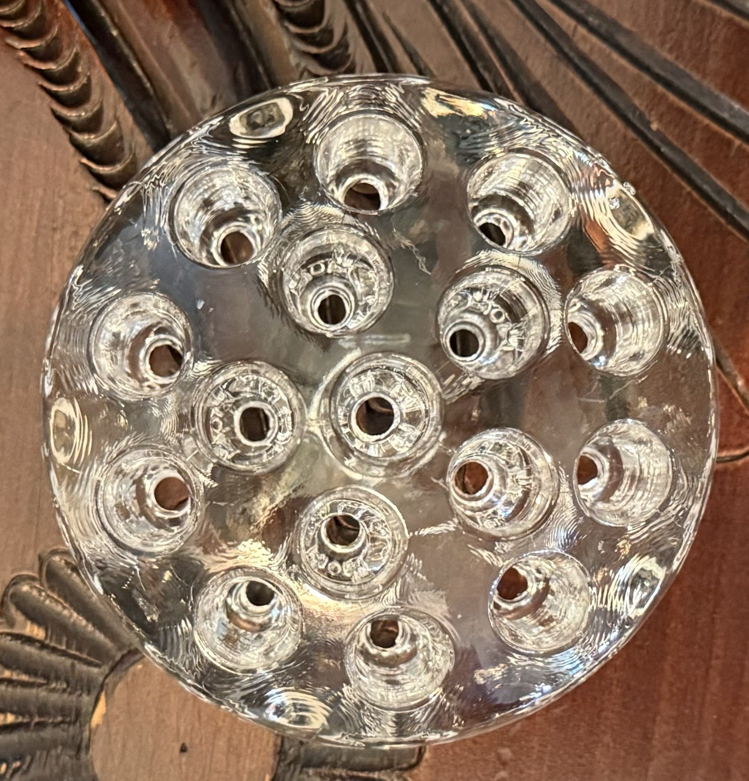 Vintage Thick Heavy Round 16-Hole Glass Flower Frog 3-3/4″ Diameter