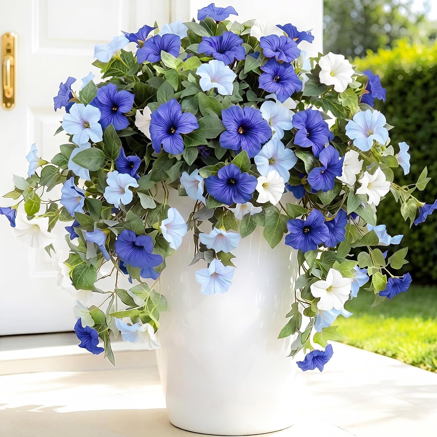 UV Resistant Faux Petunias – 2Pcs Blue & White Hanging Outdoor Flowers