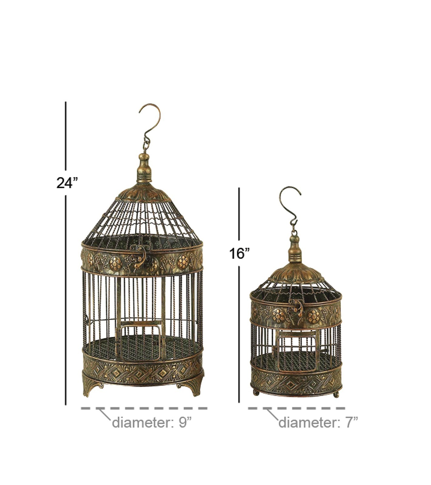 Antique Metal Floral Birdcage Set of 2 – Twisted Rod, Latch Closure, Hanging Hoo