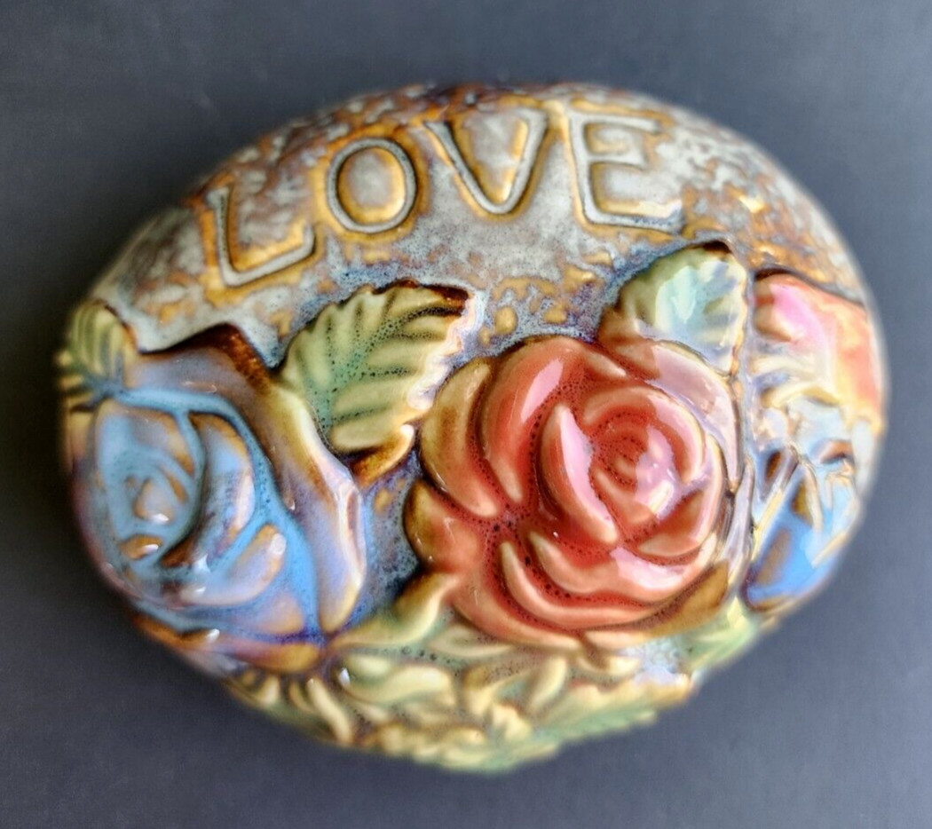 LOVE floral faux rock decor glossy home or gift ceramic glazed oval shape