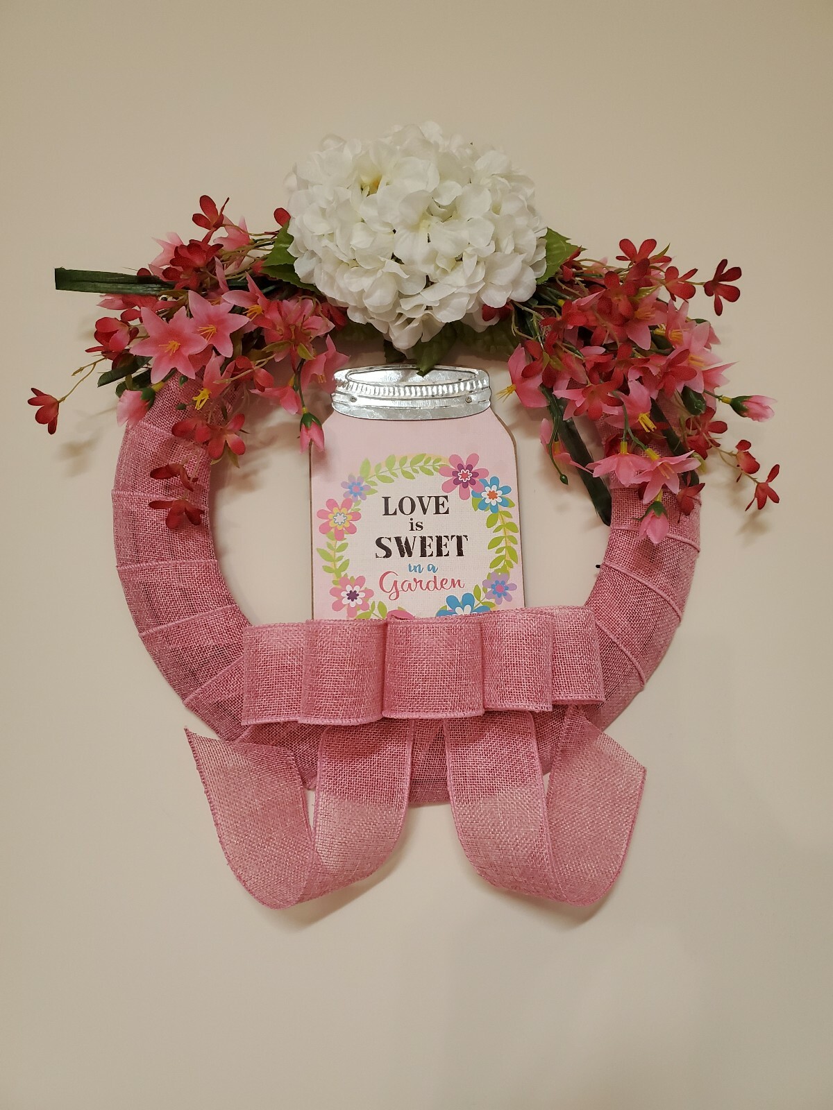 Wreath “LOVE is SWEET in a garden” Pink burlap mesh Pink flowers Decor Door 16″