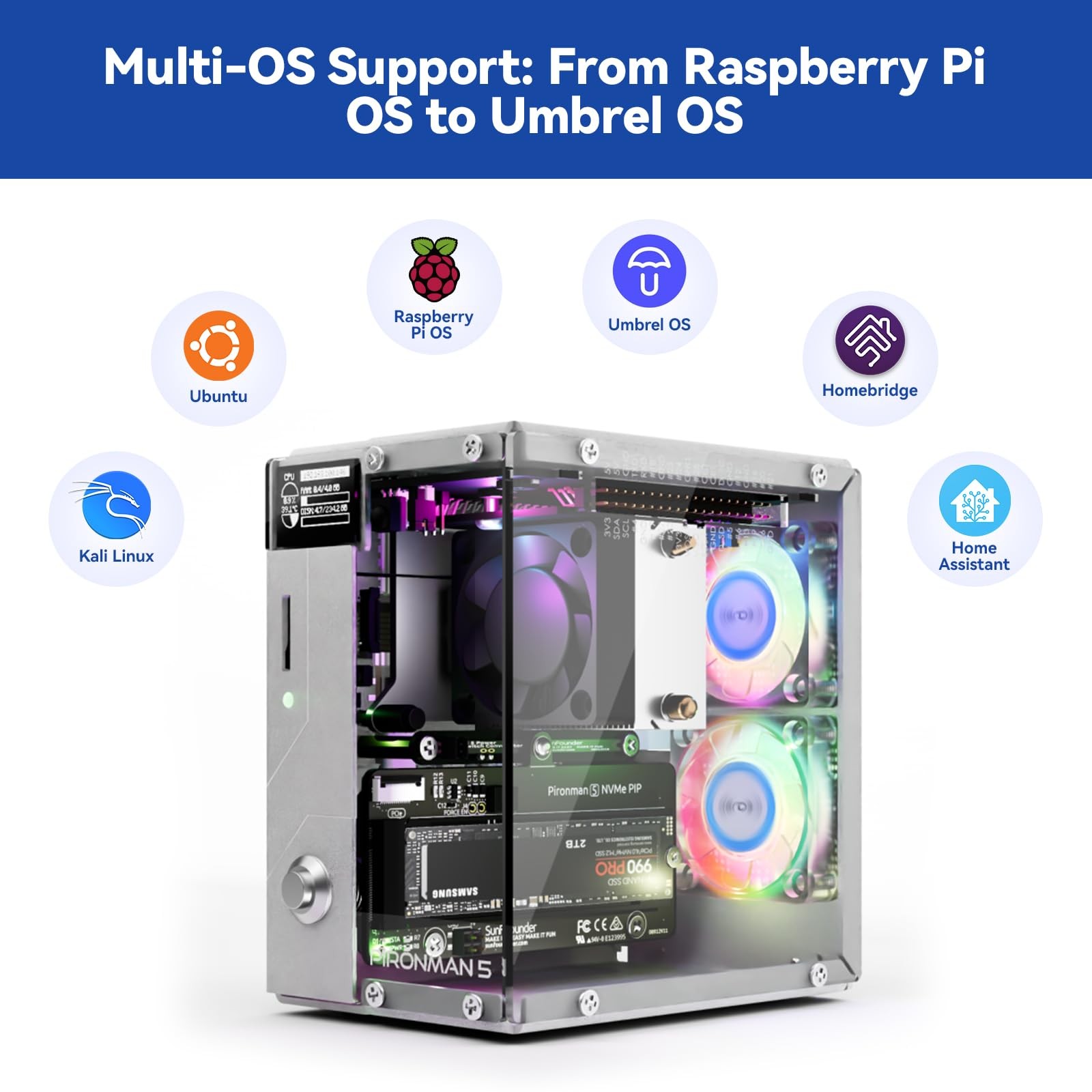 Pironman 5 NVMe M.2 SSD PCIe 2.0/3.0 Mini PC Case for Raspberry Pi 5 Black