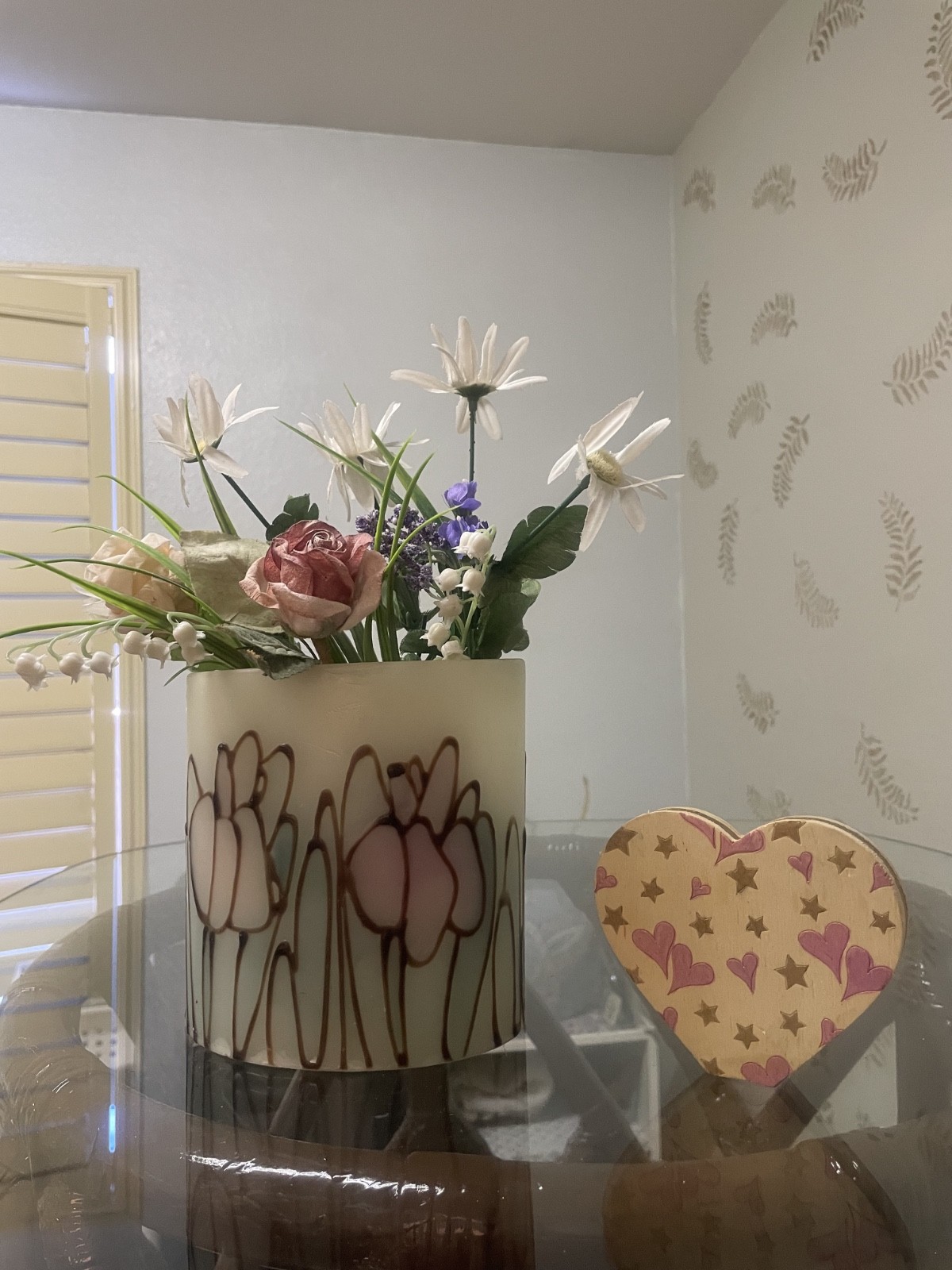 2-Piece Pretty Silk Flower in Wax Vase w/Nice Painted Wooden Heart