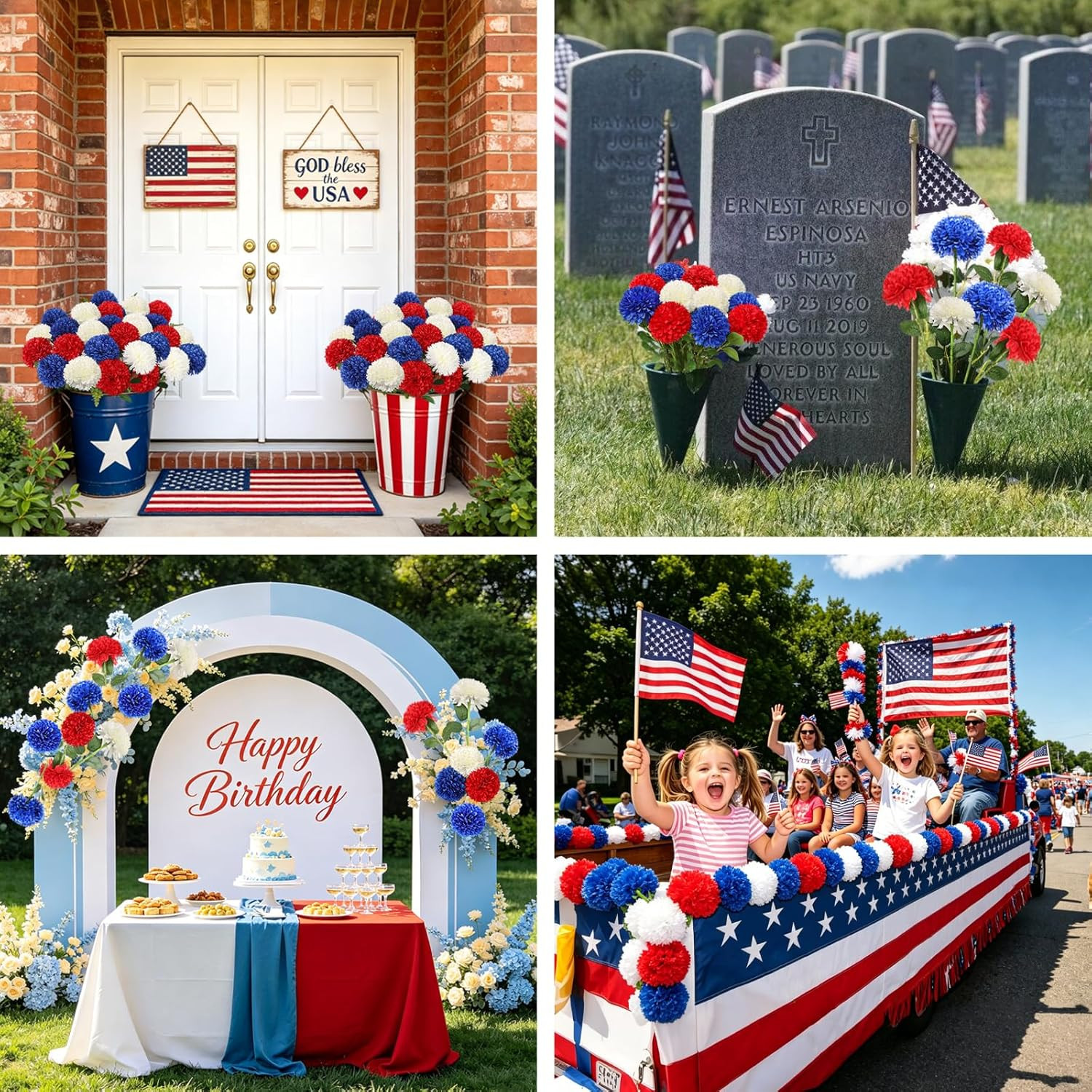 12 Pcs Artificial Chrysanthemums Flowers Patriotic Flower, 4Th of July Fake Mums