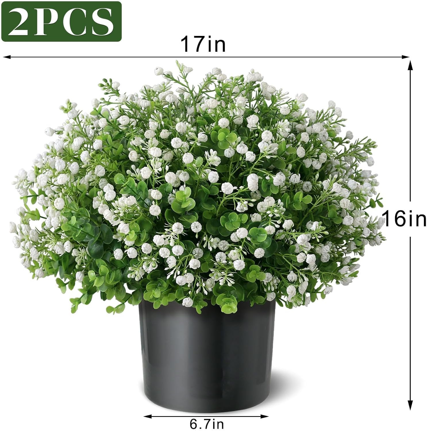 Eucalyptus & Baby’s Breath Topiary Ball Trees – 2 Potted Faux Plants Set