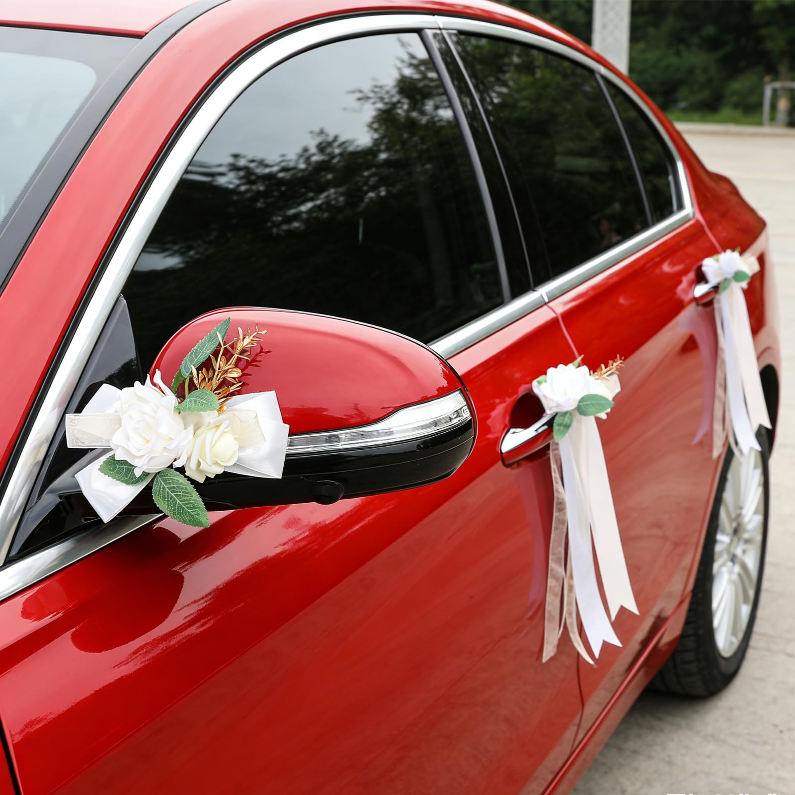6 PCS Ivory White Rose Wedding Car Decor Kit Door Handle Rearview Mirror Flower
