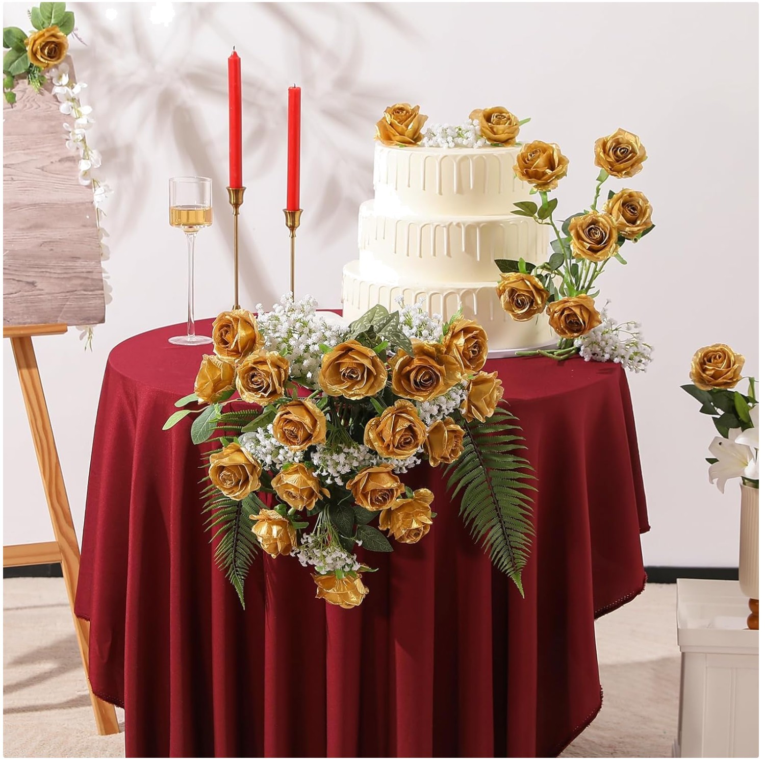 Lifelike Artificial Roses – 12pcs Long Stem Bouquet Gold