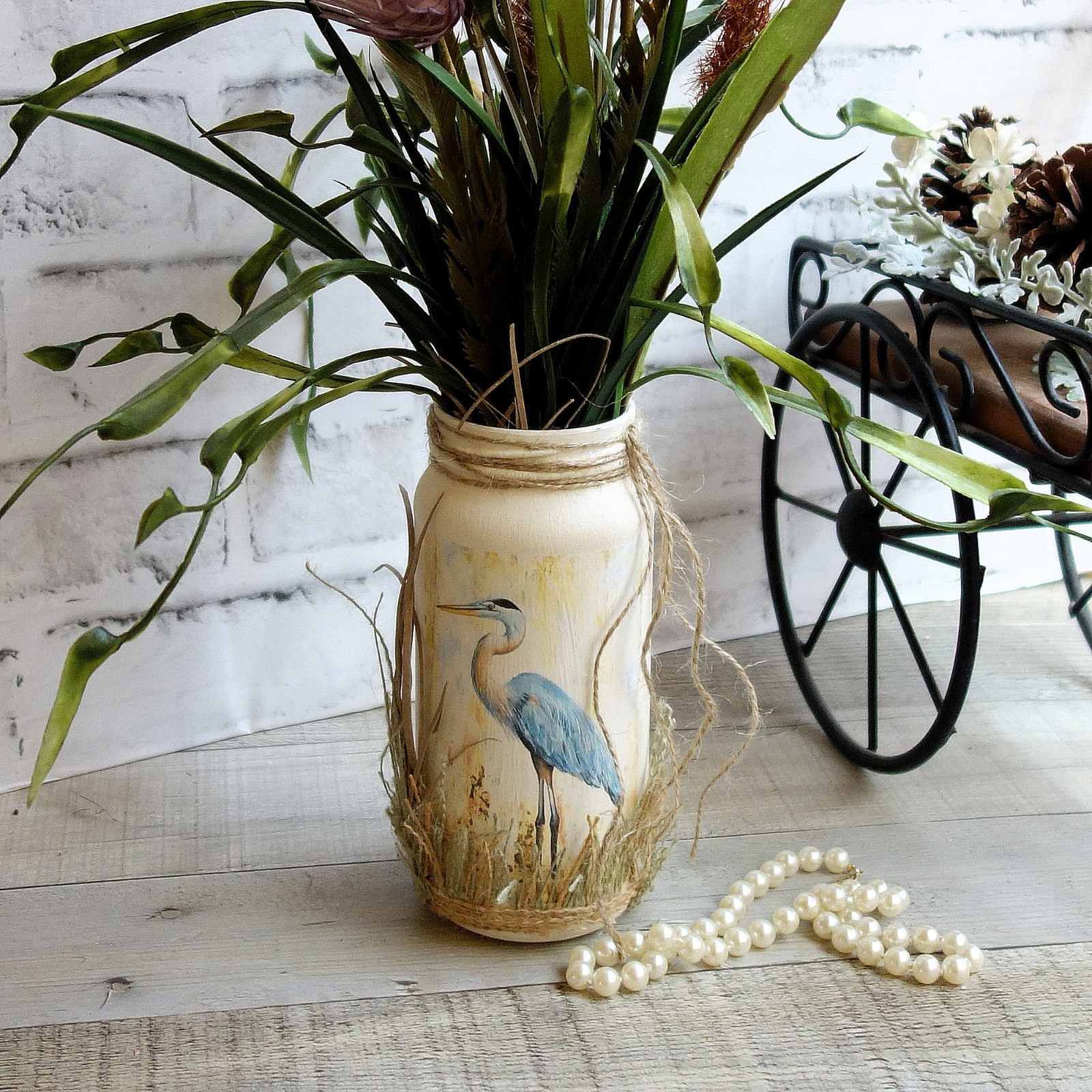 Blue Heron Vase & Floral Arrangement Blue Heron Art Crane Decor Wading Birds