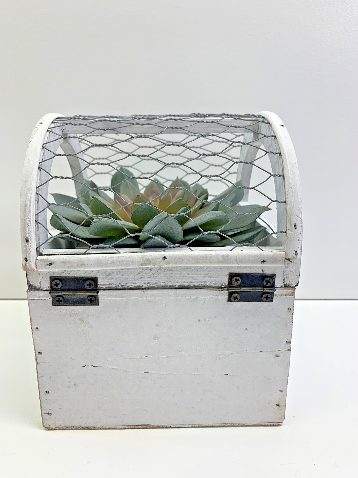 Weathered Cage Plant Holder With Artificial Garden Succulent Farmhouse Decor