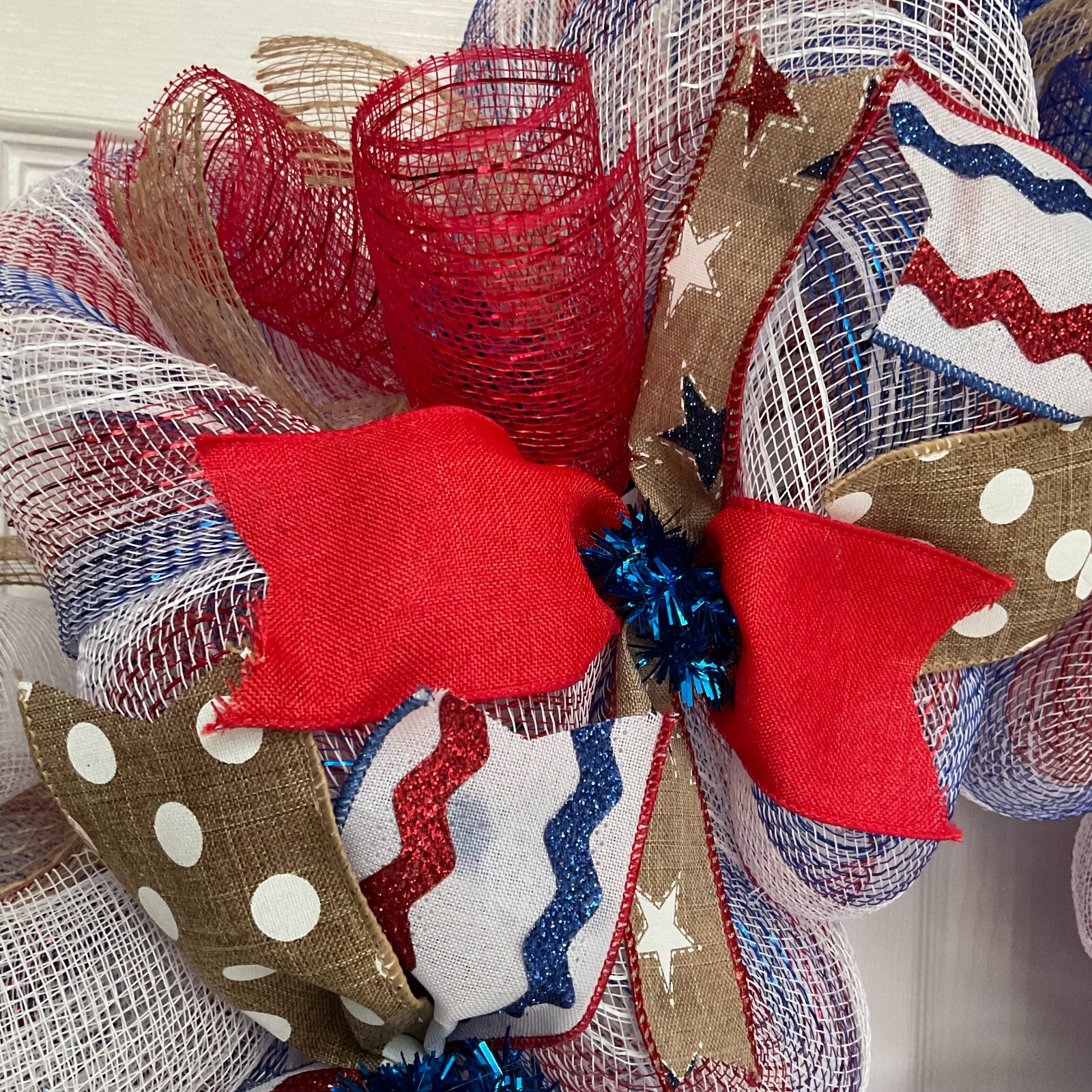 Red Burlap and Blue Patriotic Ribbon Wreath Handmade Deco Mesh