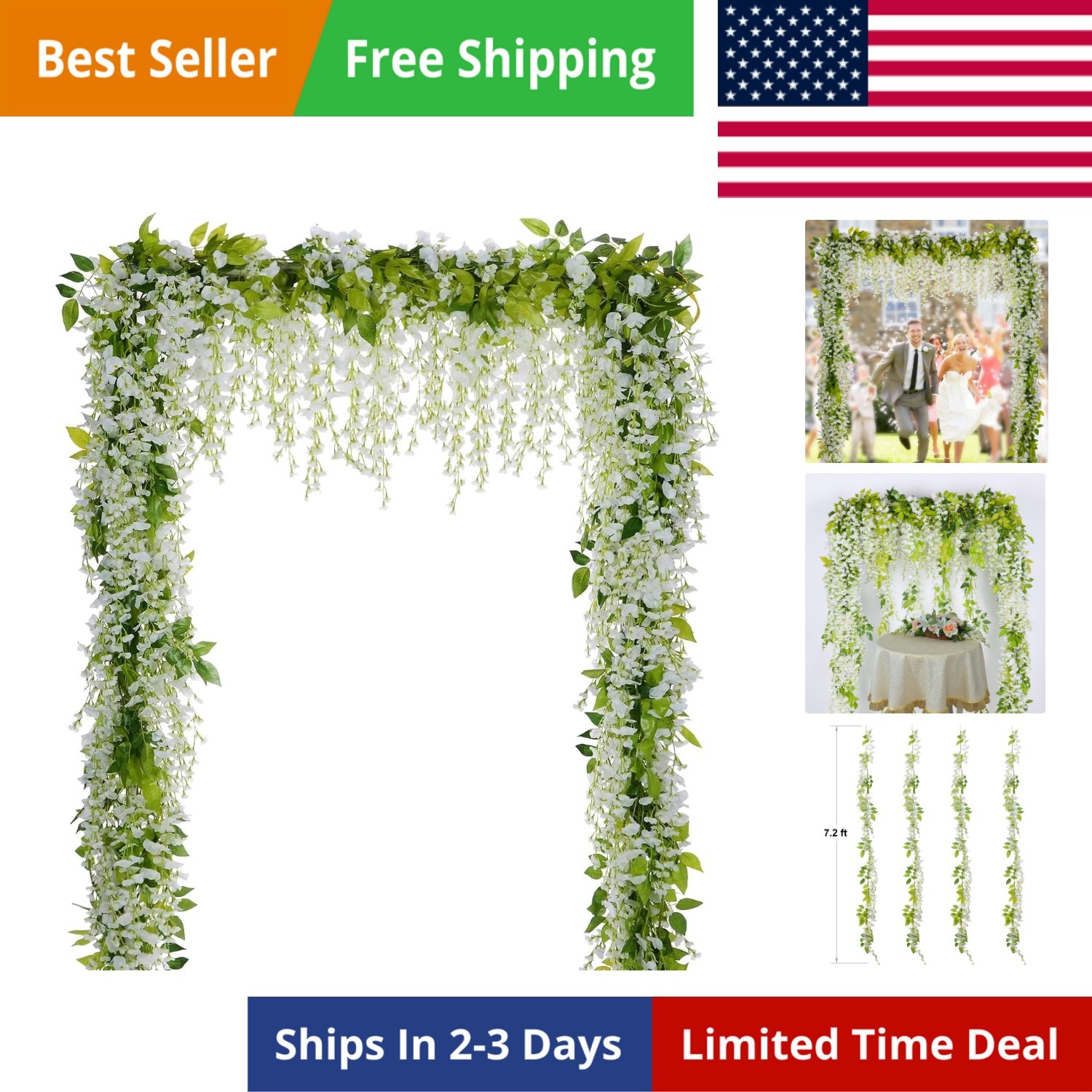 Wisteria Artificial Flowers Garland, 4Pcs Total 28.8ft White Artificial Wiste…