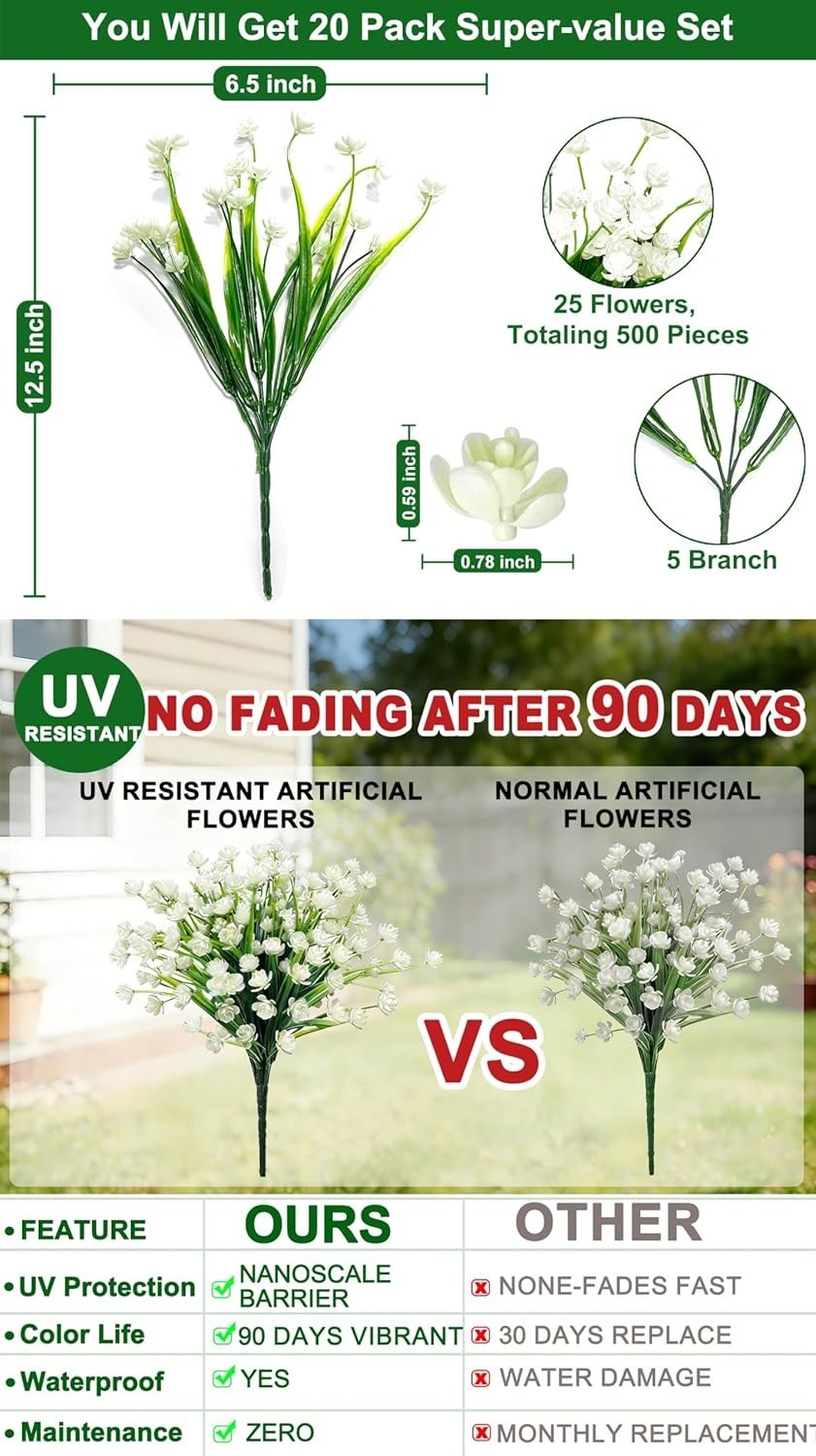 Waterproof & Fade-Proof 20 Bundles Artificial Flowers for Gardens and Funerals