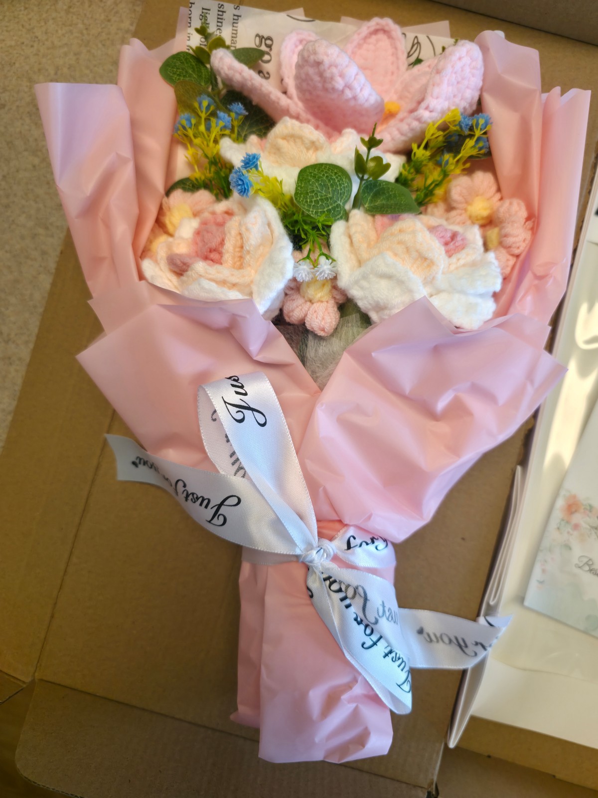 Armscye Pink Crochet Flower Bouquet Handmade Rose Sunflower Daisy New Open Box