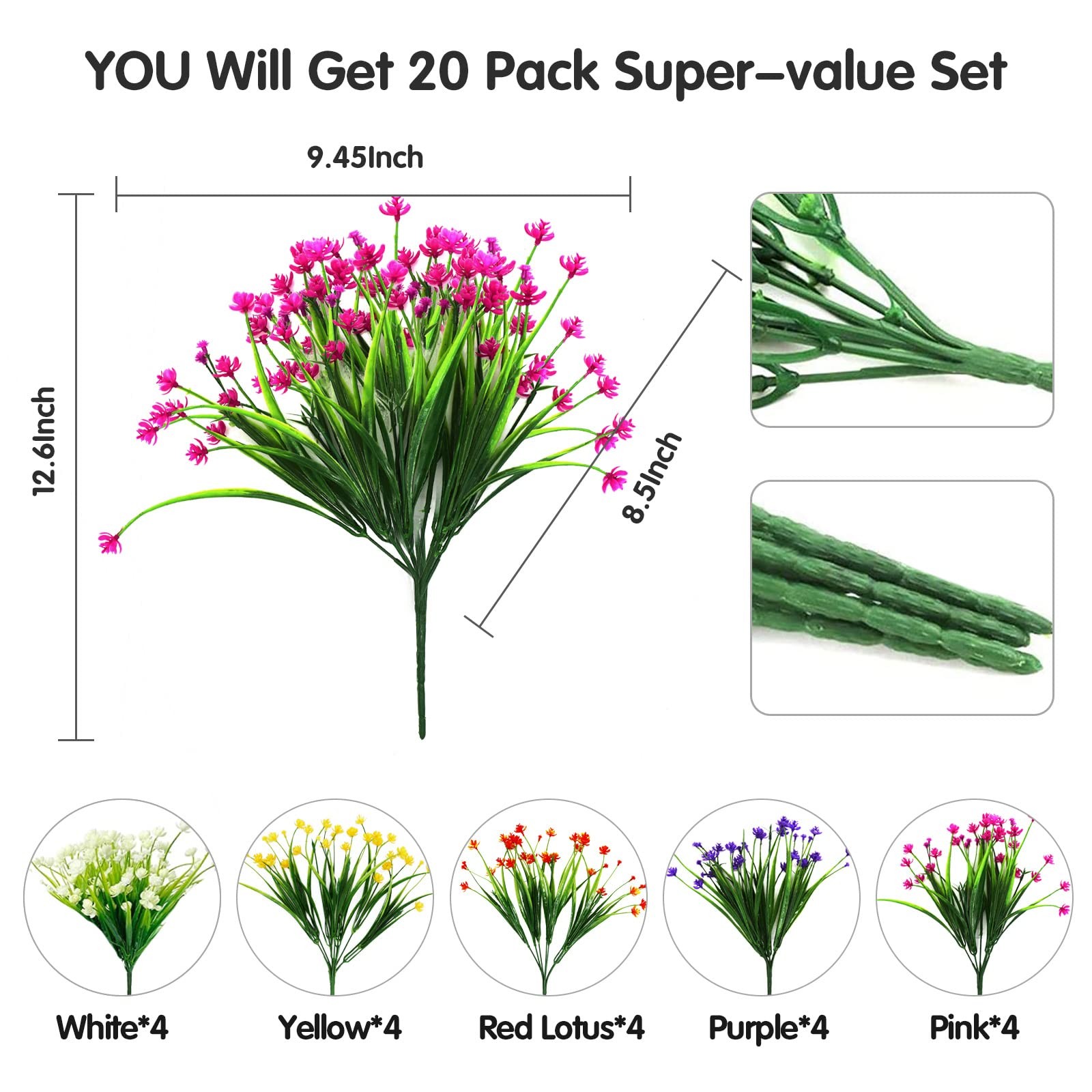 20 Bundles Artificial Fake Flowers, UV Resistant Faux Flowers Arrangement, Fake