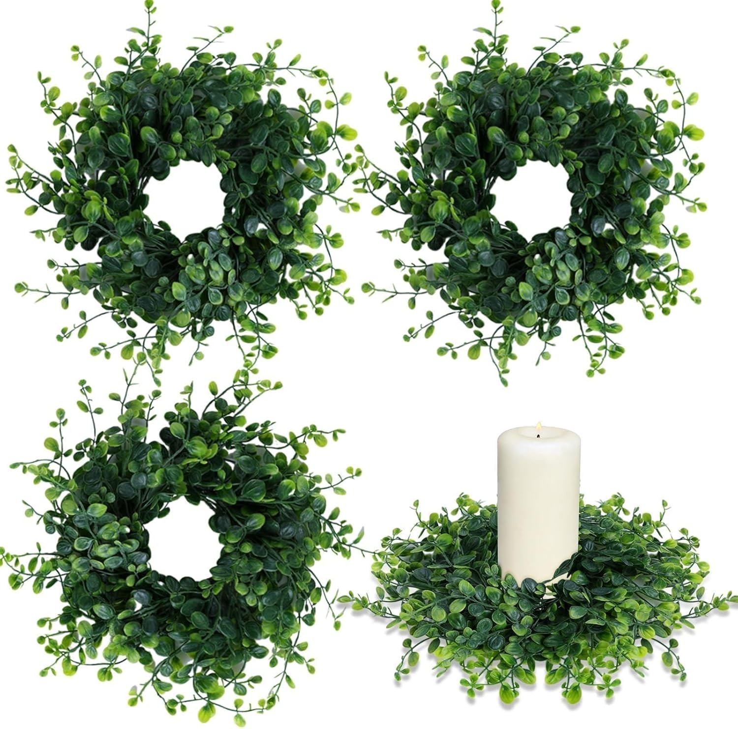 6 PCS 3 Inch Spring Summer Candle Rings Wreaths Mini Green Candle Rings Wreath