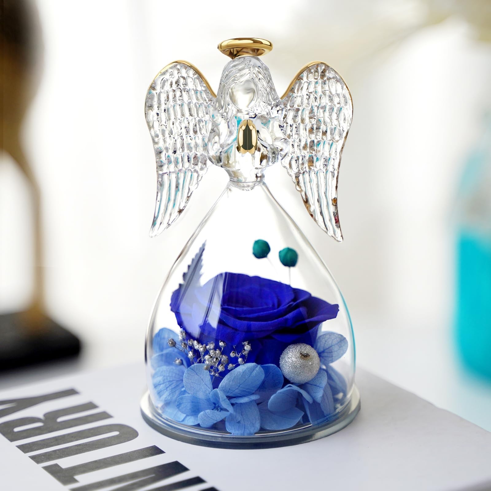 Angel Figurine Gift, Real Preserved Rose, Mom Birthday, Mothers Day, Blue